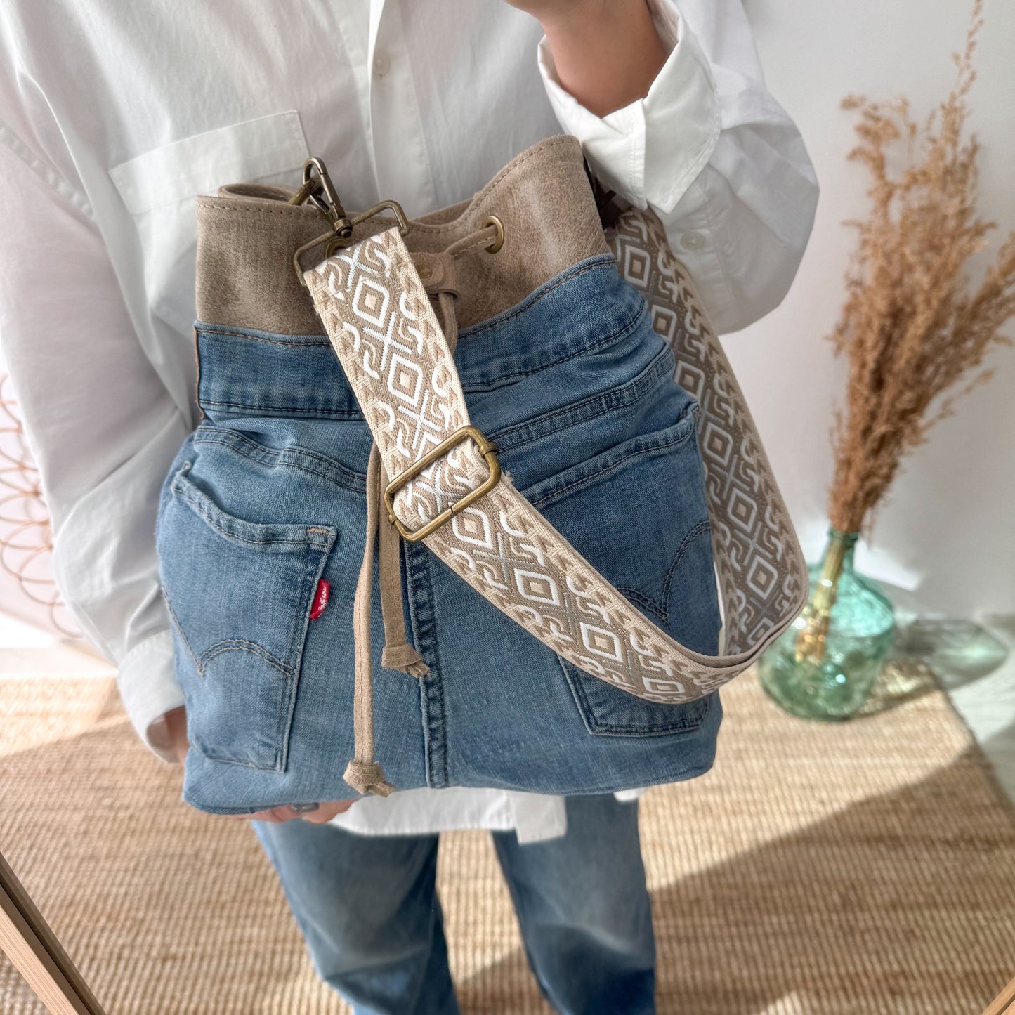Bolso bombonera denim/piel taupe