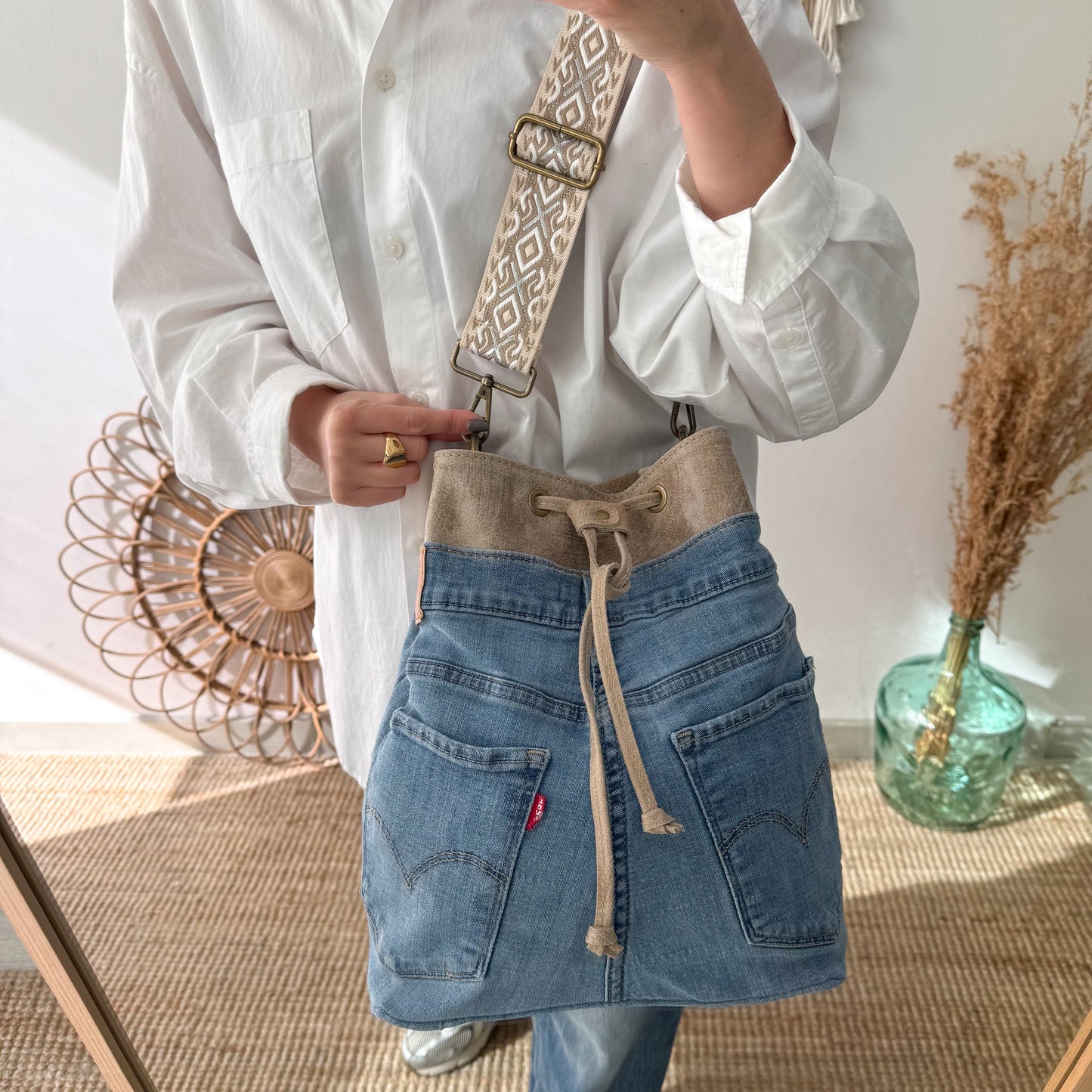 Bolso bombonera denim/piel taupe