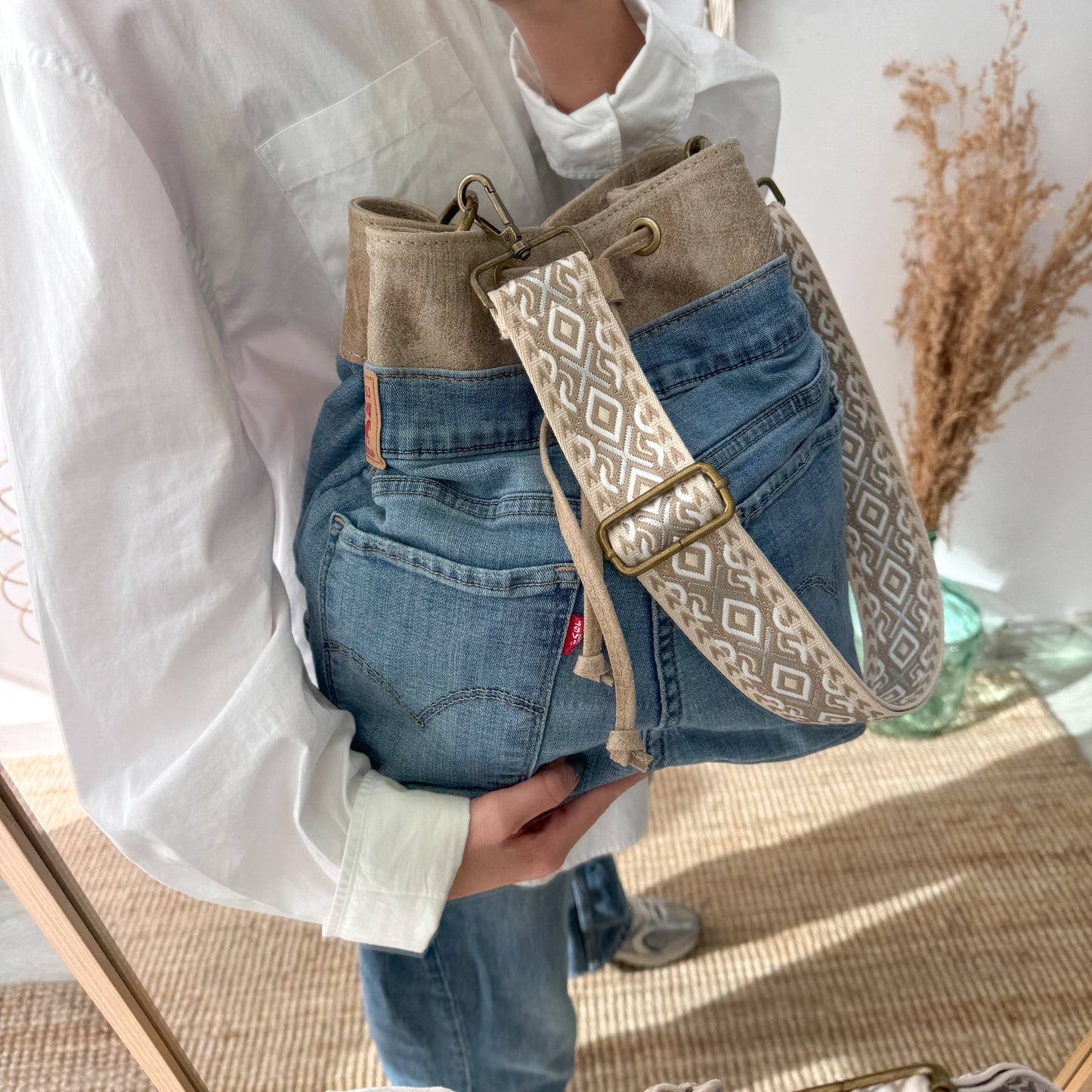 Bolso bombonera denim/piel taupe