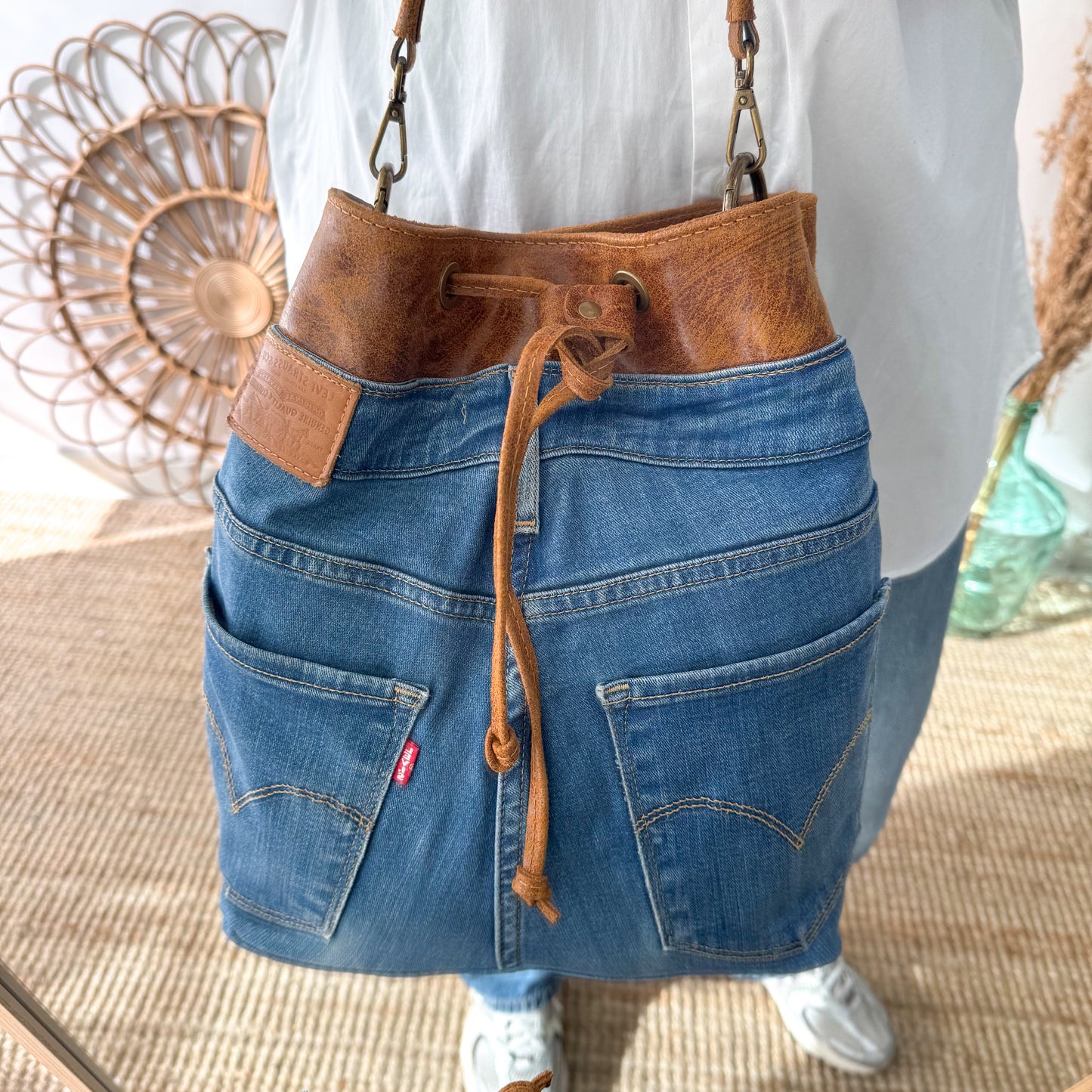 Bolso bombonera denim/piel camel