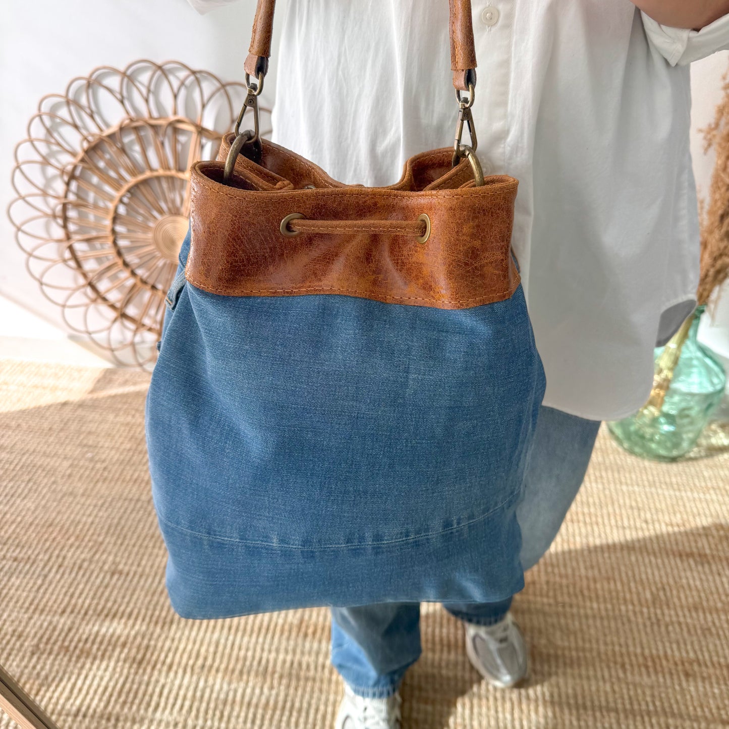 Bolso bombonera denim/piel camel