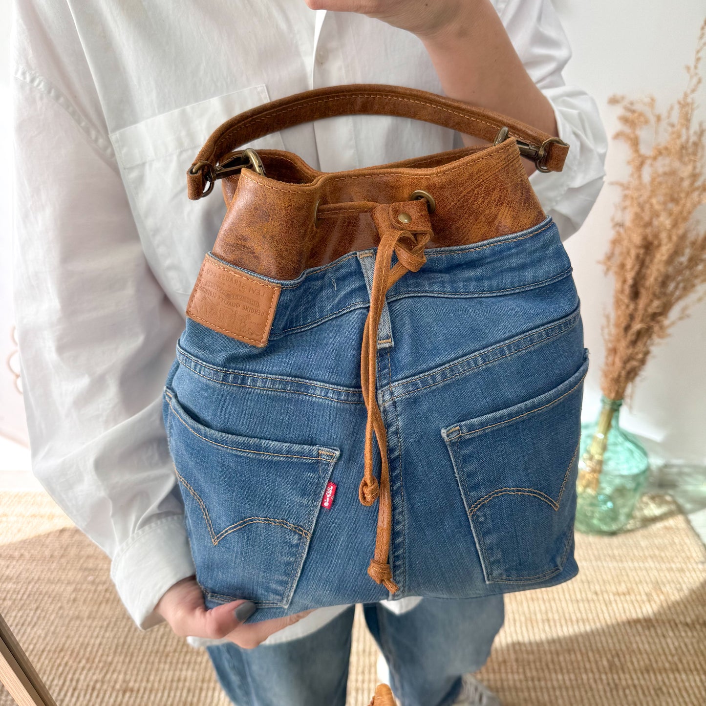 Bolso bombonera denim/piel camel