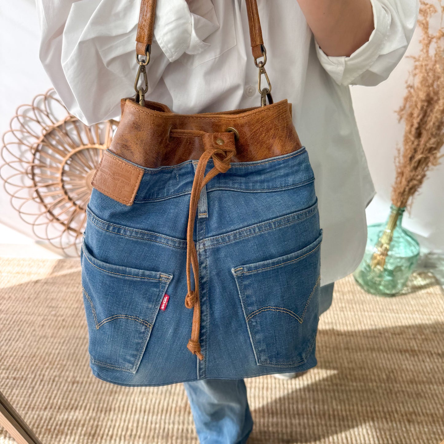 Bolso bombonera denim/piel camel