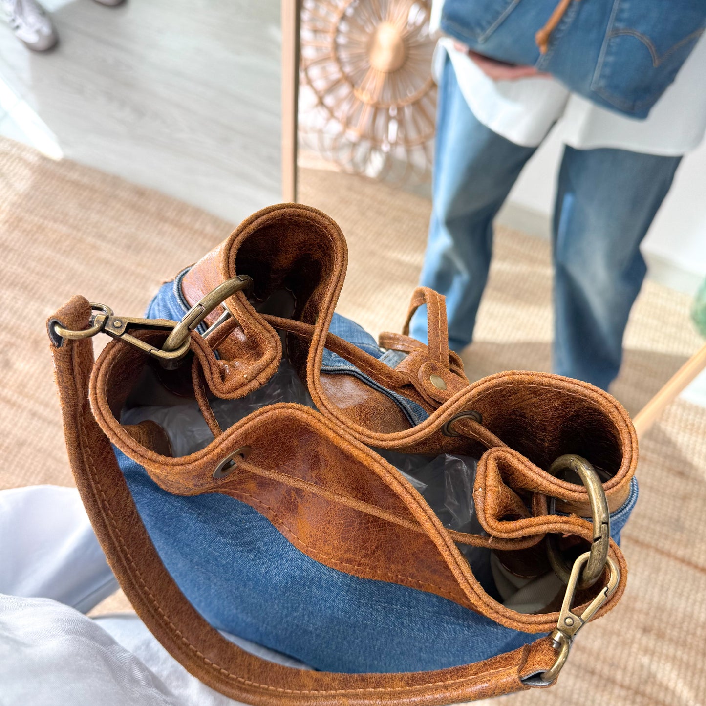 Bolso bombonera denim/piel camel