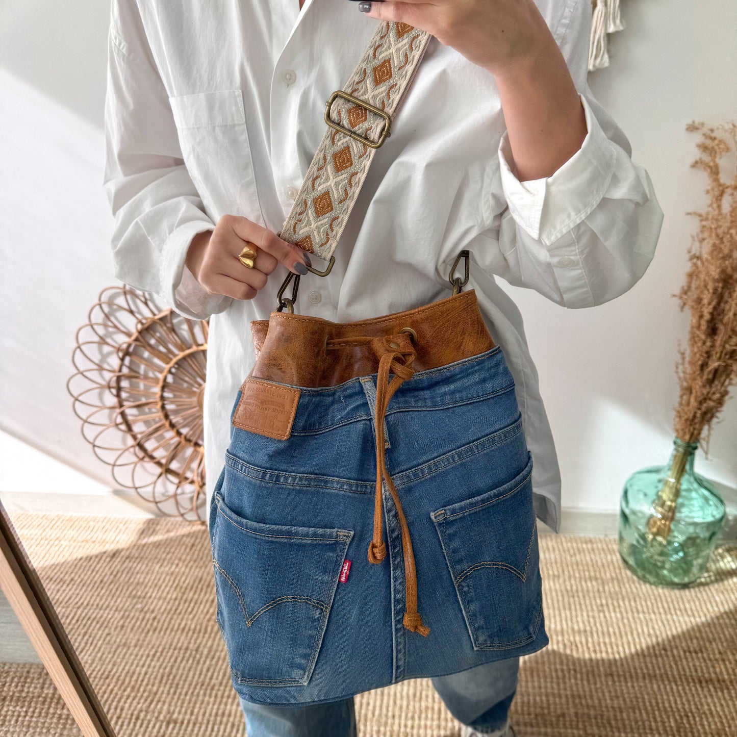 Bolso bombonera denim/piel camel