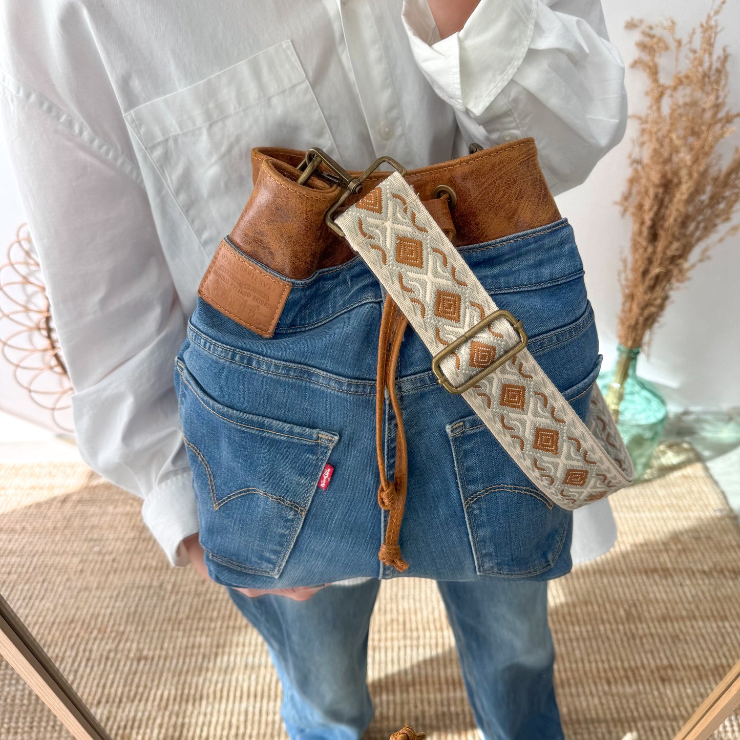 Bolso bombonera denim/piel camel