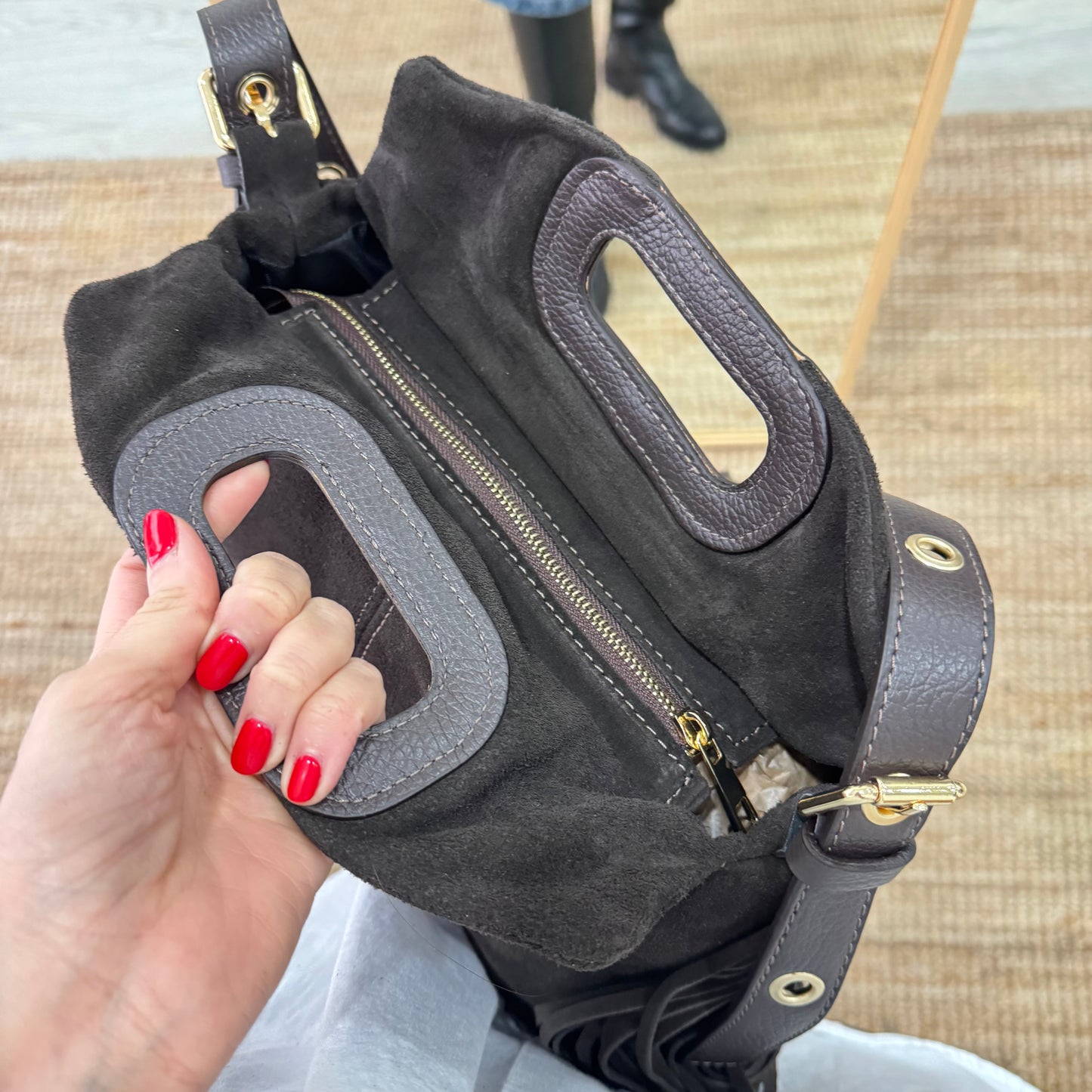 Bolso Flecos en Piel y Serraje marrón