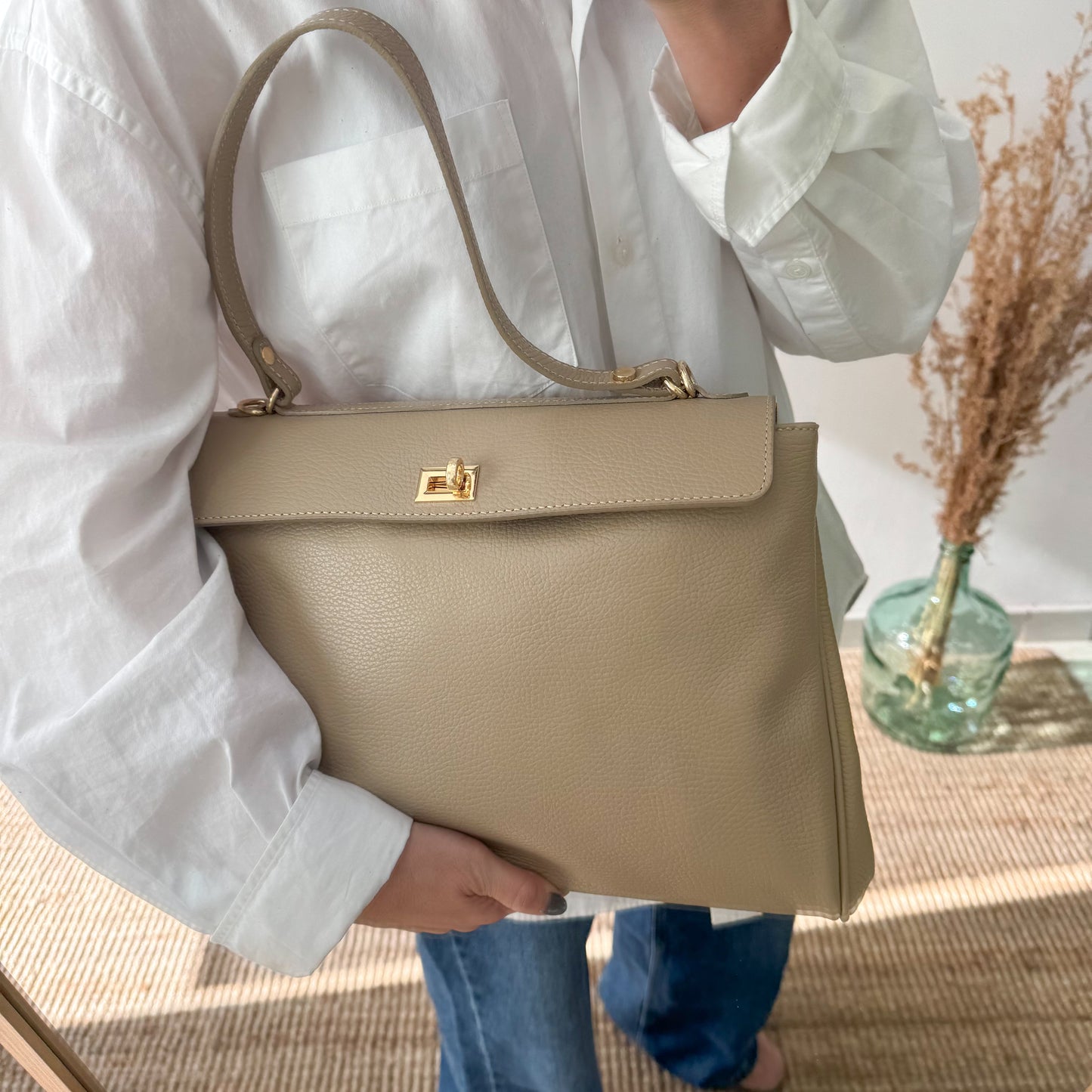 Bolso tote cierres piel taupe
