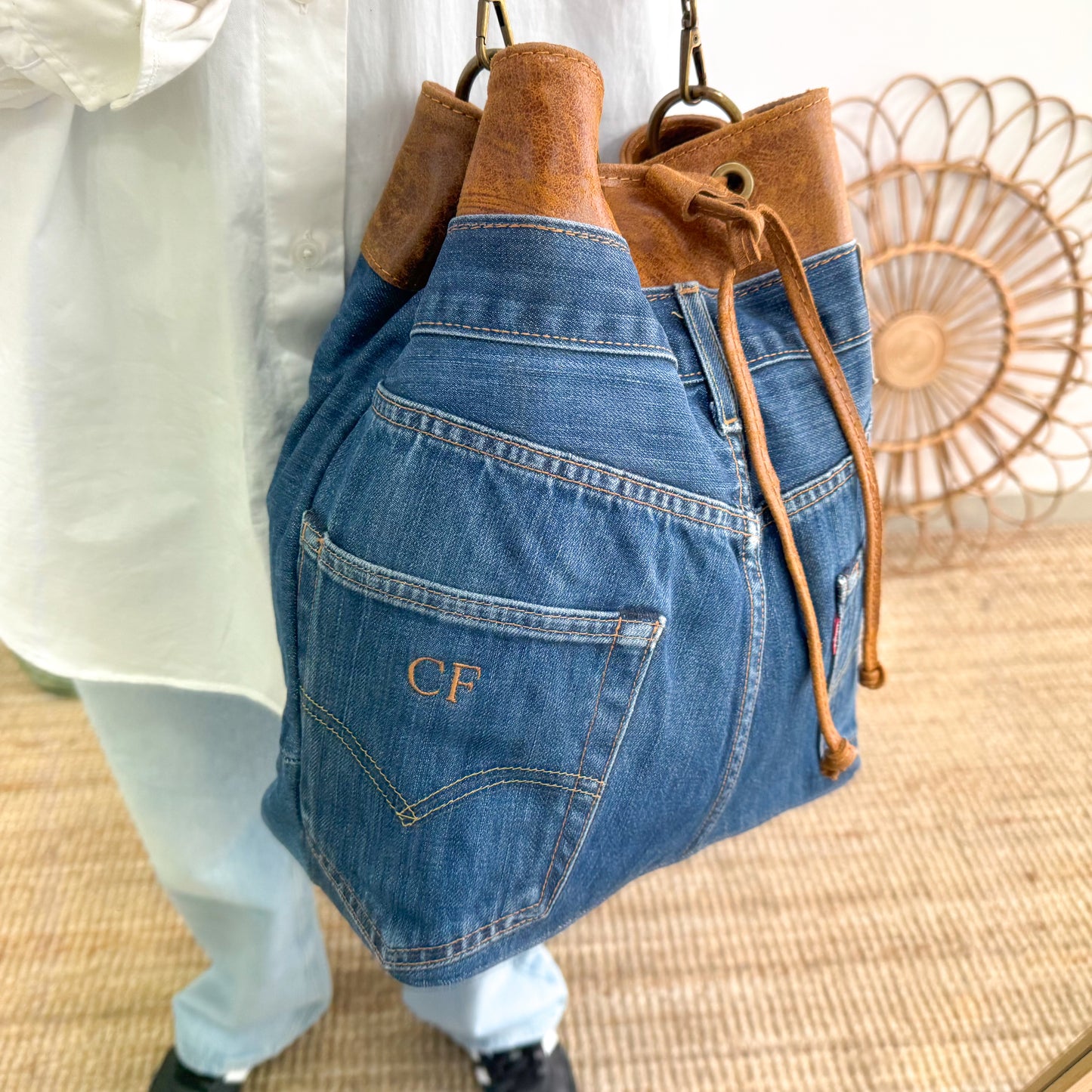 Bolso bombonera denim/piel camel