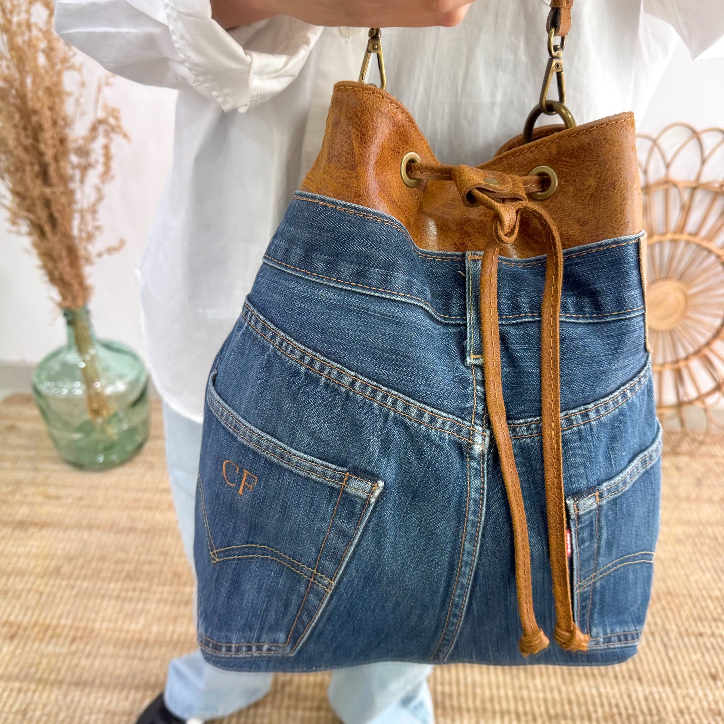 Bolso bombonera denim/piel camel