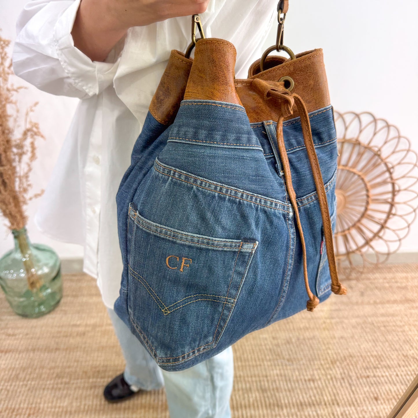 Bolso bombonera denim/piel camel