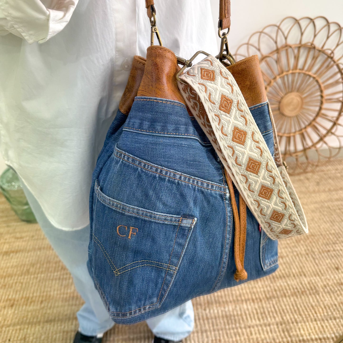 Bolso bombonera denim/piel camel