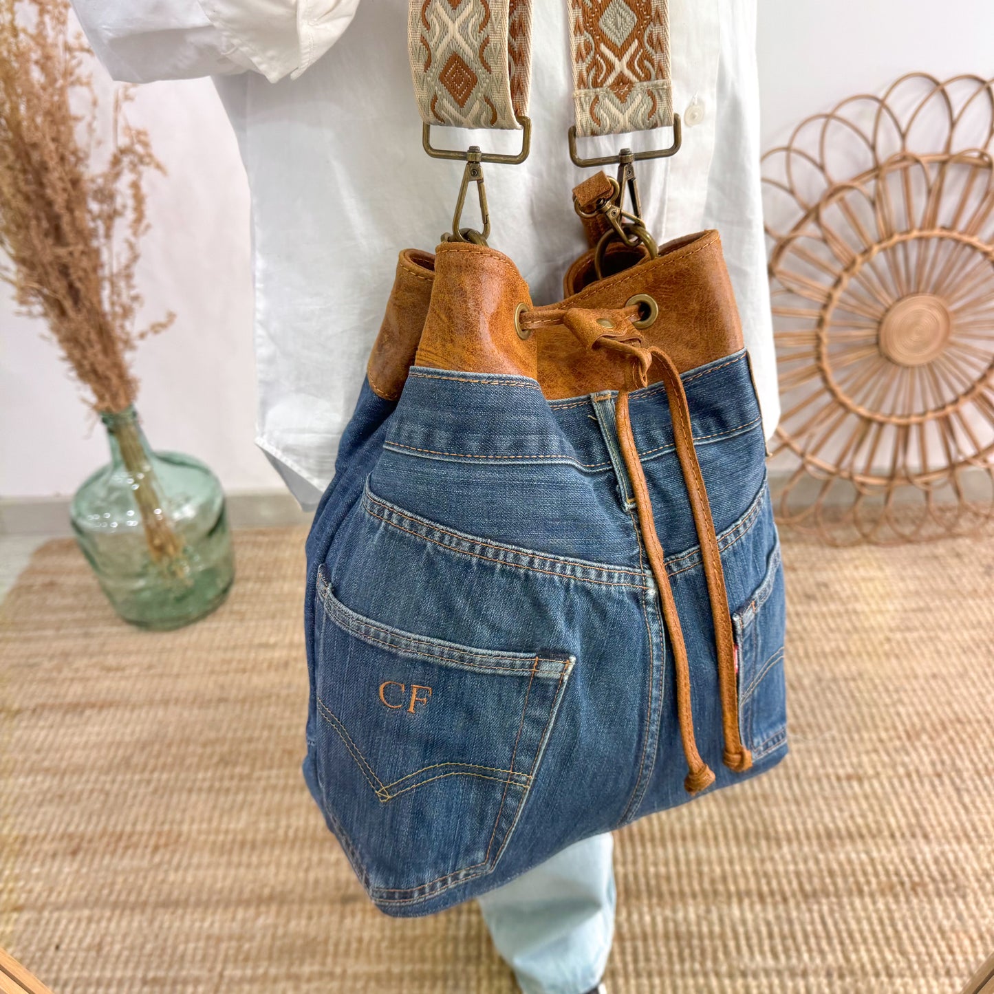 Bolso bombonera denim/piel camel