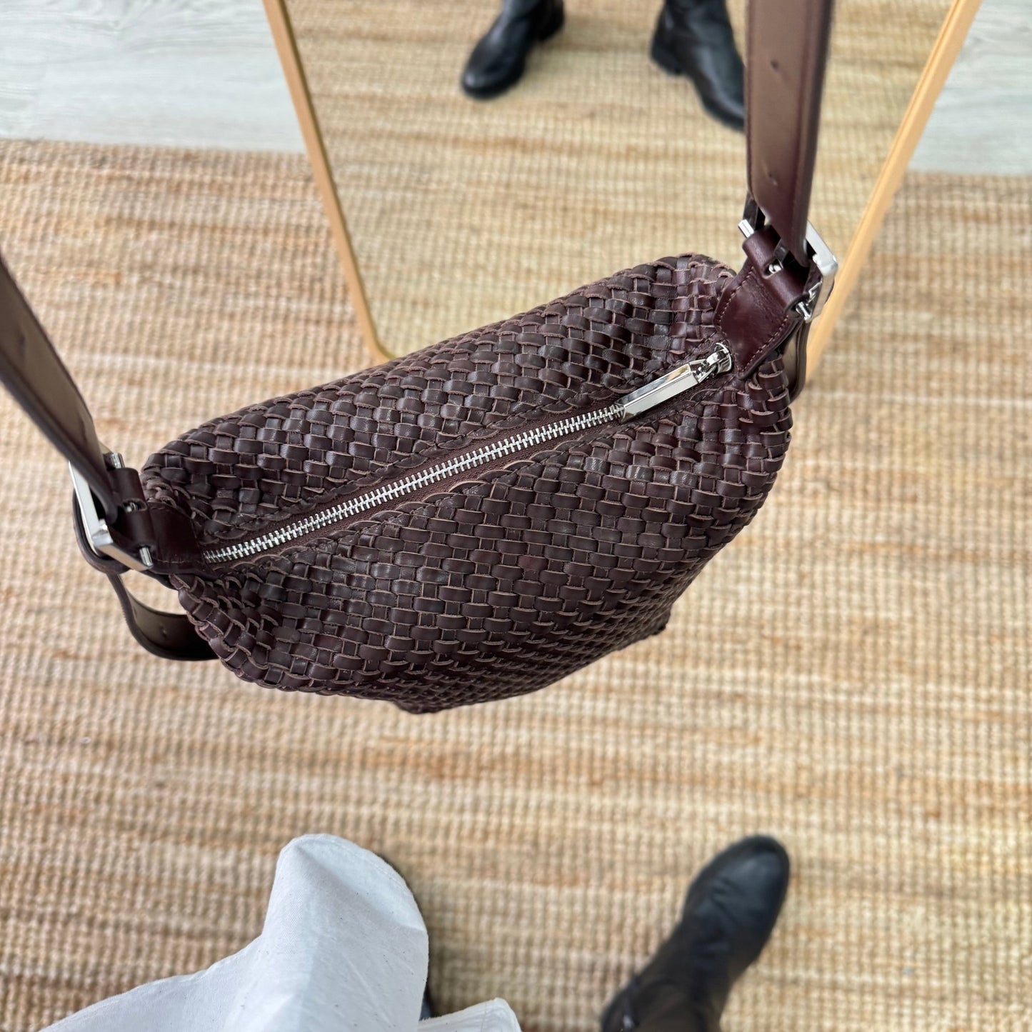 Bolso saco en piel trenzada cremallera marrón - Bubbleshopbcn