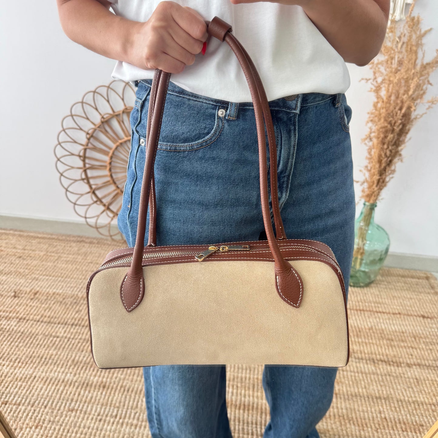 Bolso rectangular serraje y piel camel