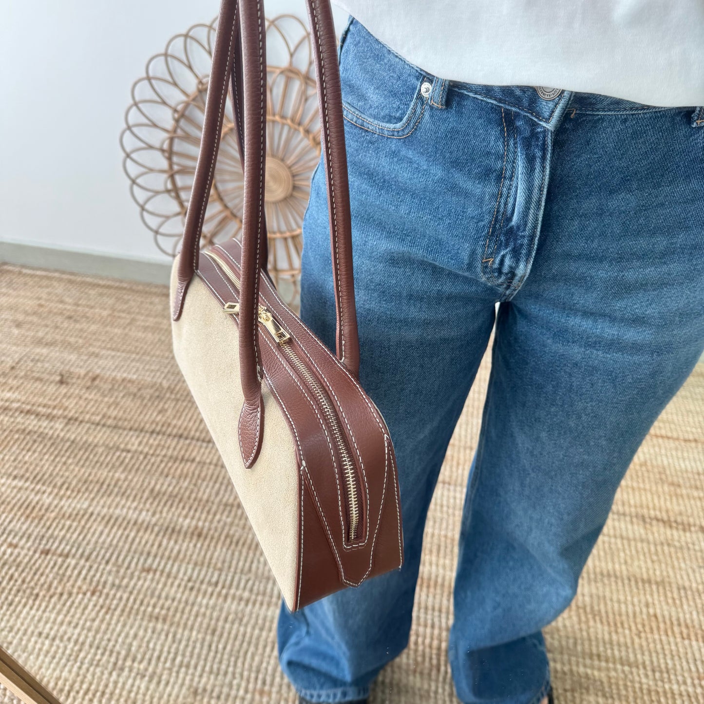 Bolso rectangular serraje y piel camel