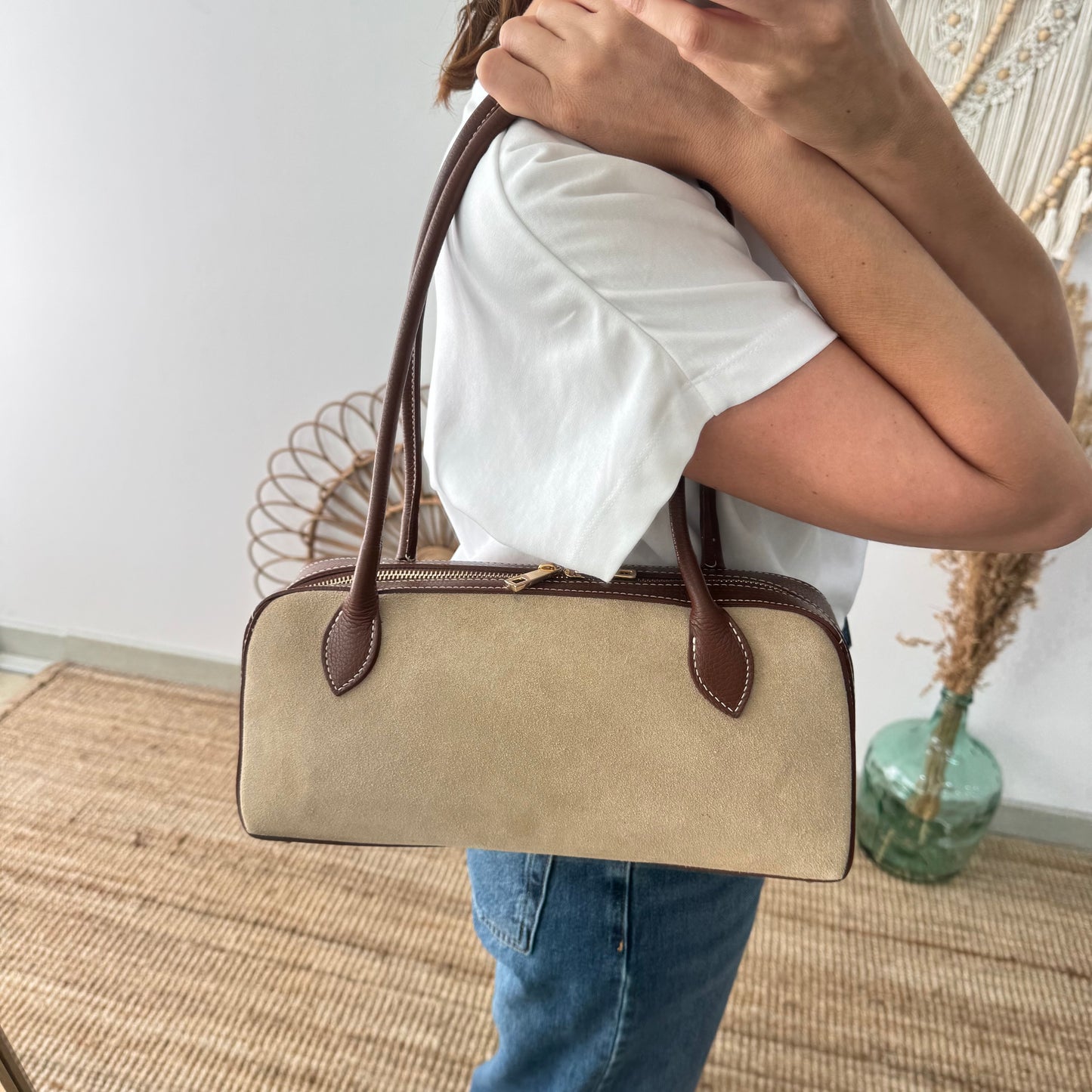 Bolso rectangular serraje y piel camel