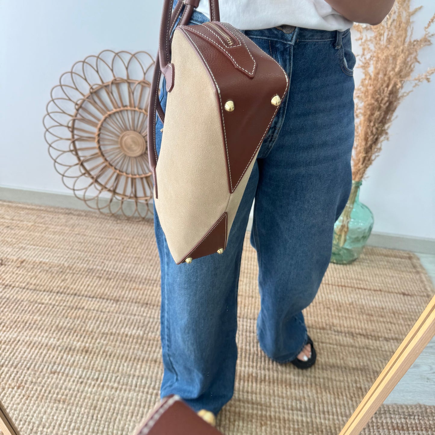 Bolso rectangular serraje y piel camel
