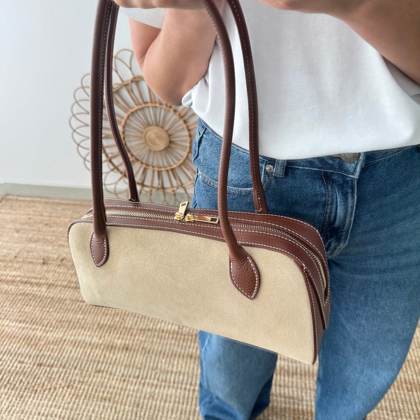 Bolso rectangular serraje y piel camel