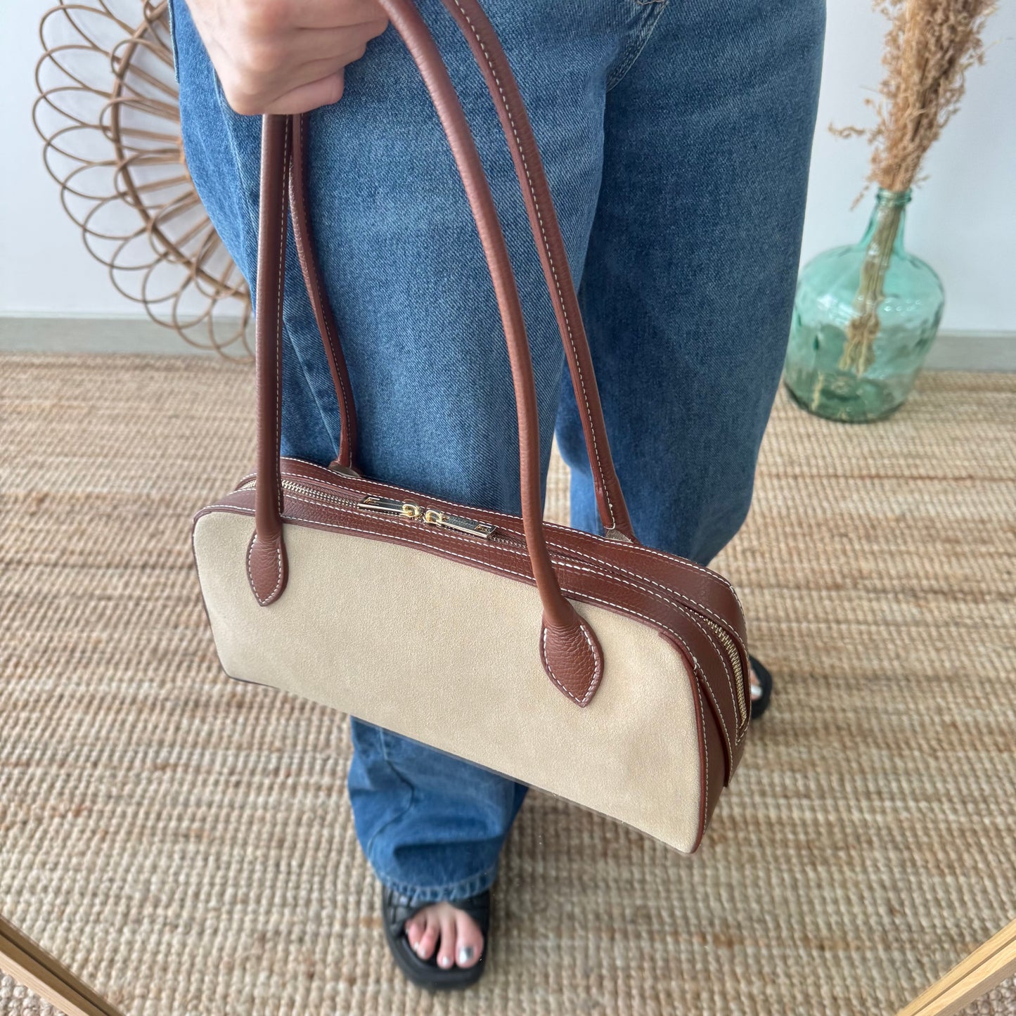Bolso rectangular serraje y piel camel