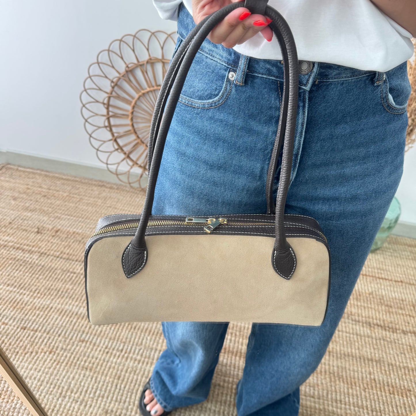 Bolso rectangular serraje y piel marrón