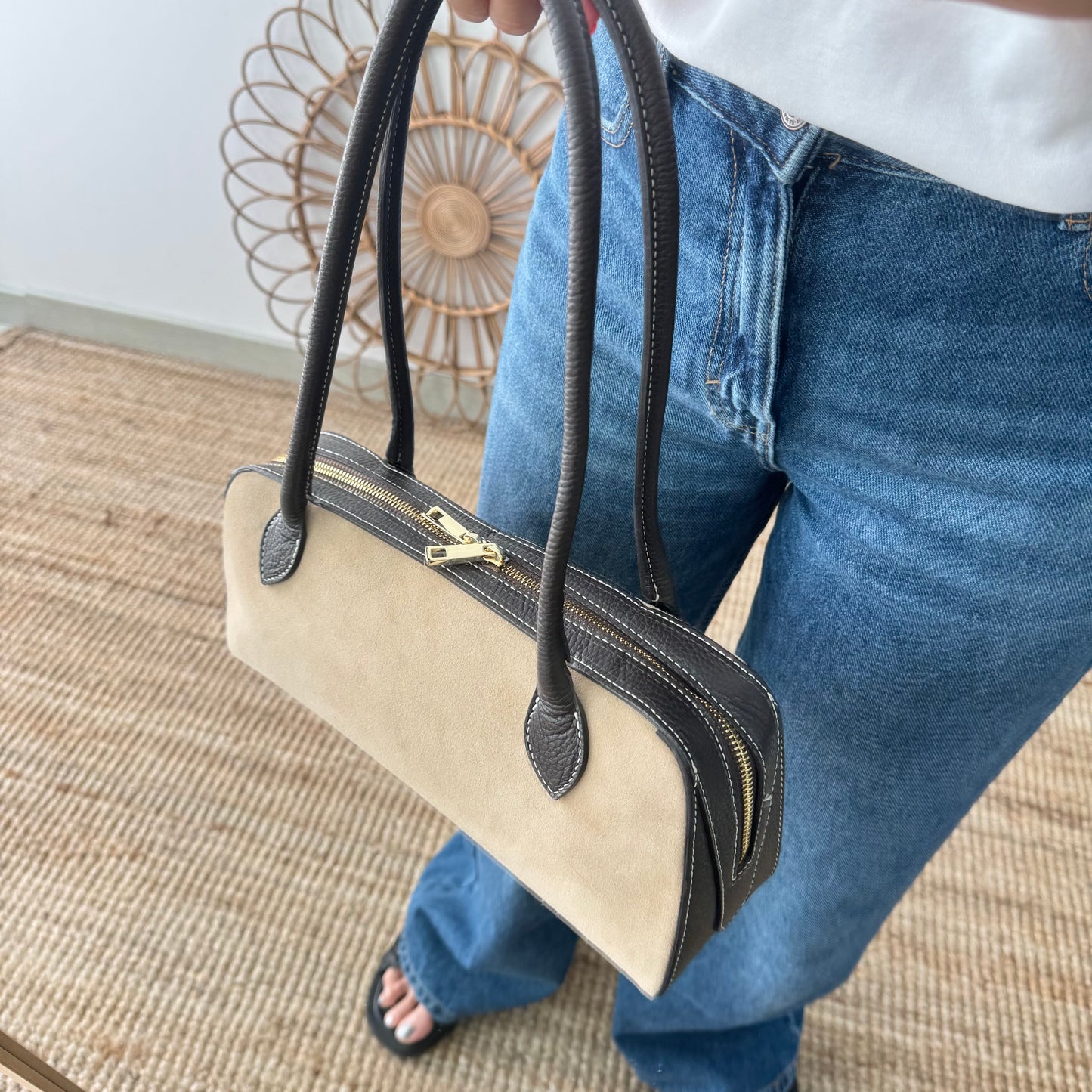 Bolso rectangular serraje y piel marrón