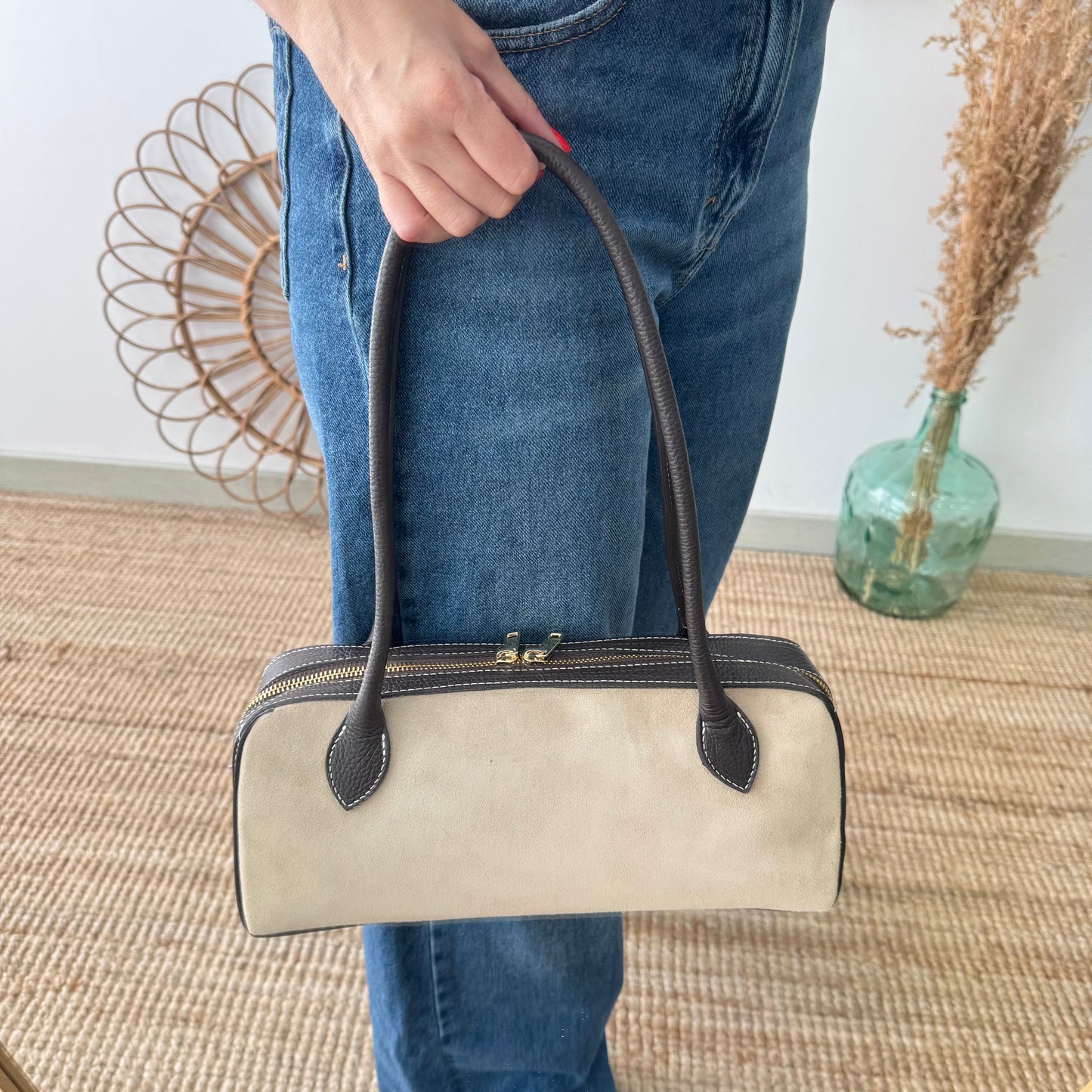 Bolso rectangular serraje y piel marrón
