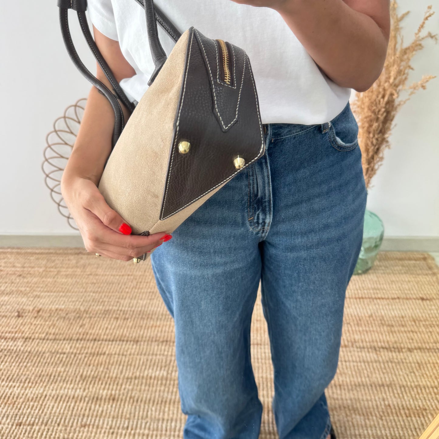 Bolso rectangular serraje y piel marrón