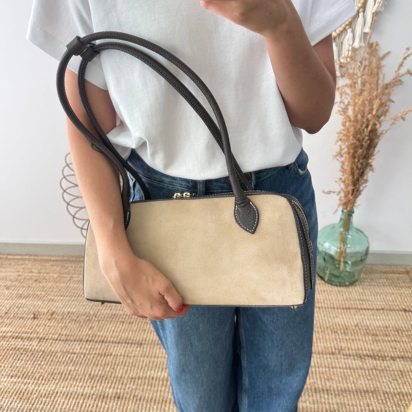 Bolso rectangular serraje y piel marrón