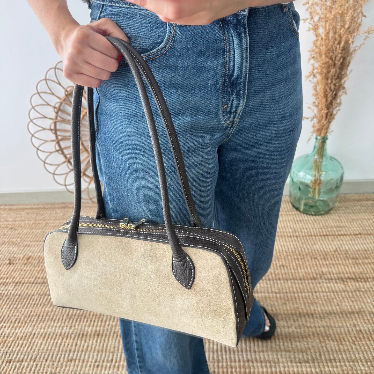 Bolso rectangular serraje y piel marrón