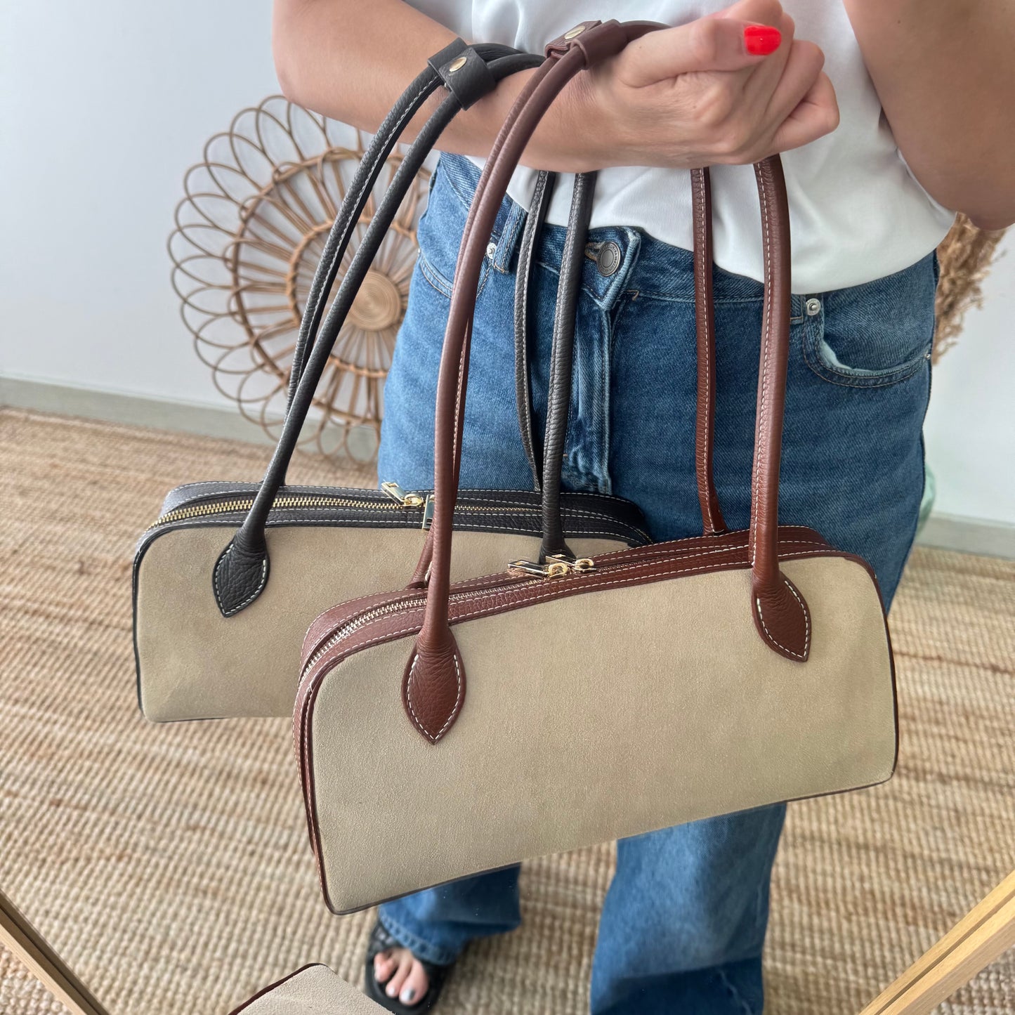 Bolso rectangular serraje y piel camel