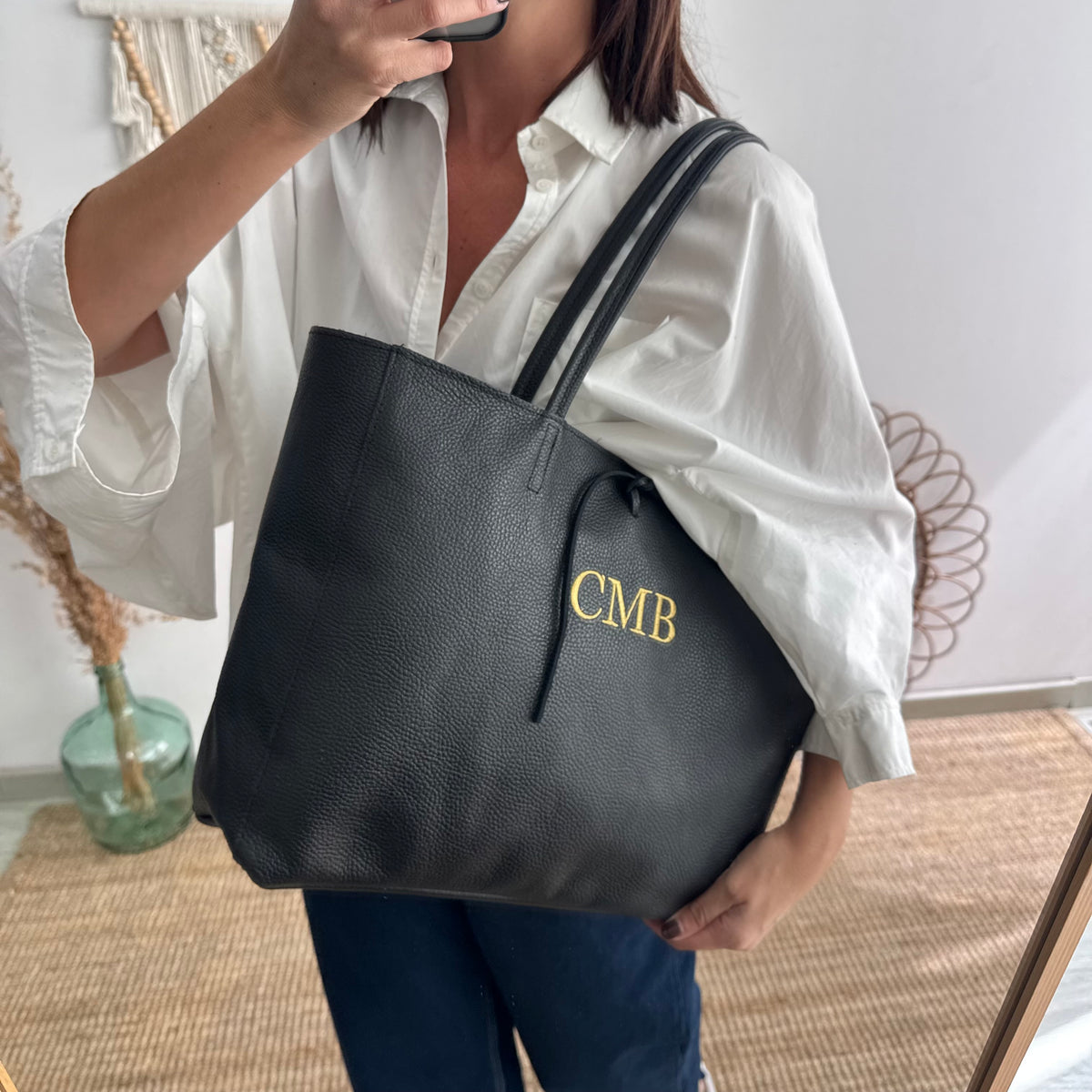Shopper grande piel negro cremallera personalizado iniciales bordadas