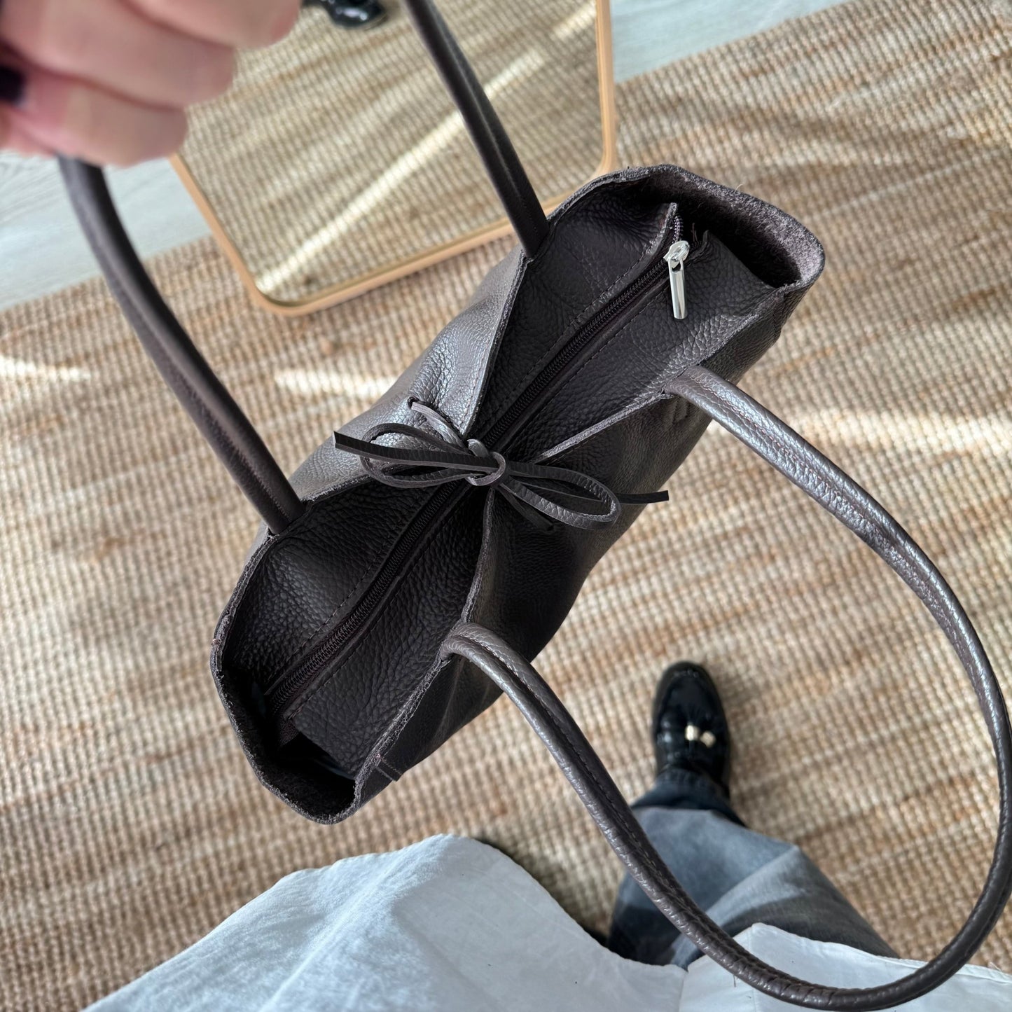 Bolso grande piel marrón personalizado iniciales bordadas - Bubbleshopbcn