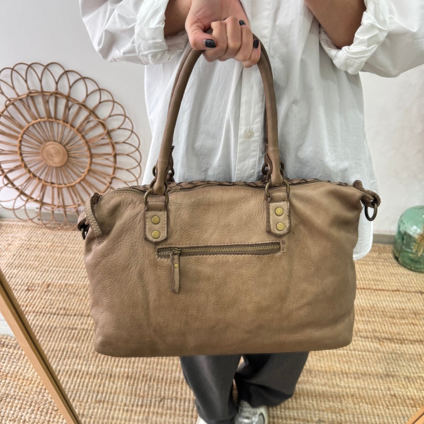 Shopper piel lavada taupe - Bubbleshopbcn