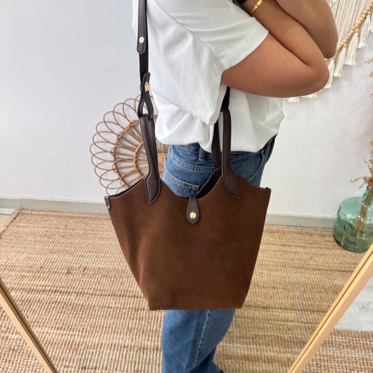 Bolso combinado serraje y piel marrón