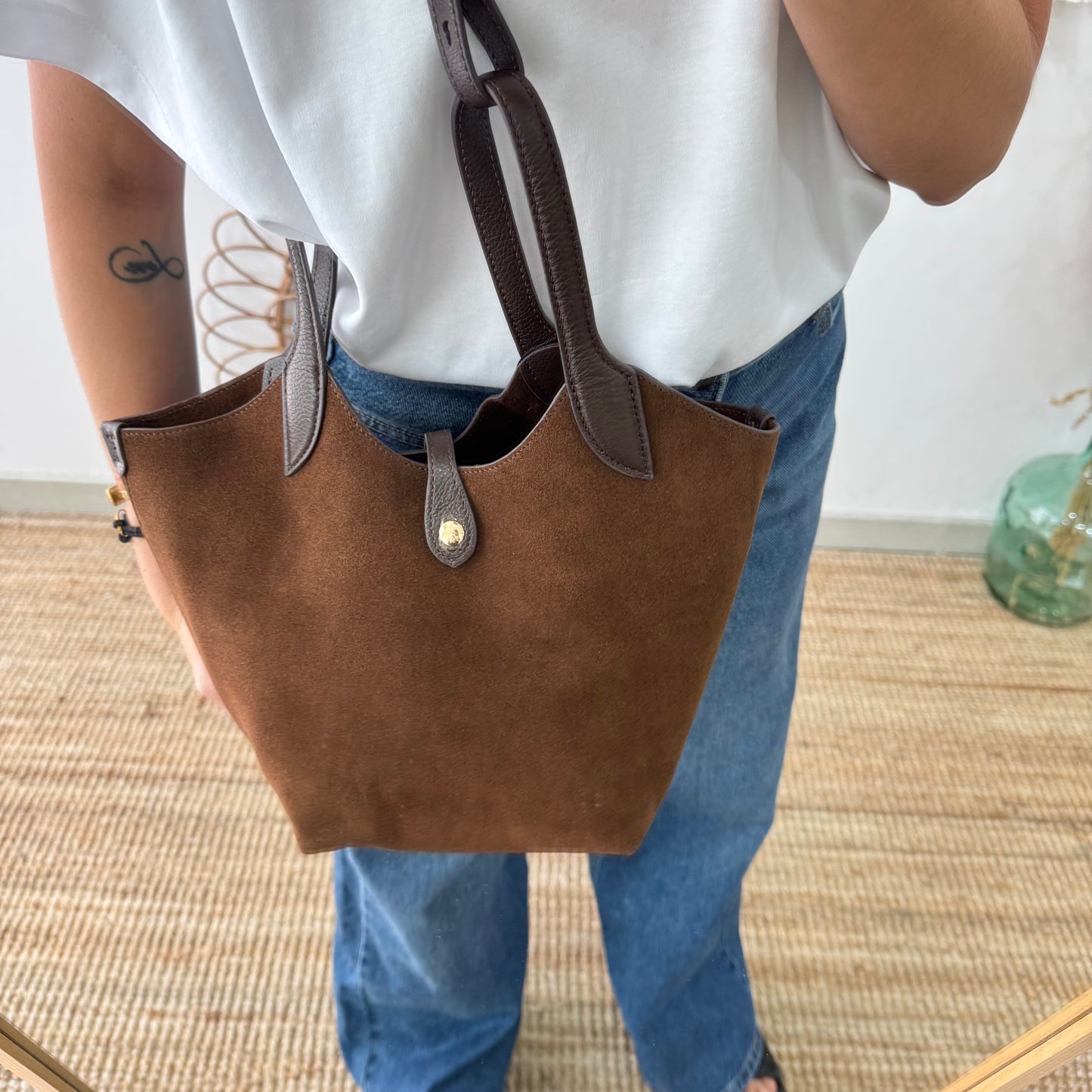 Bolso combinado serraje y piel marrón
