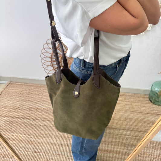 Bolso combinado serraje y piel caqui