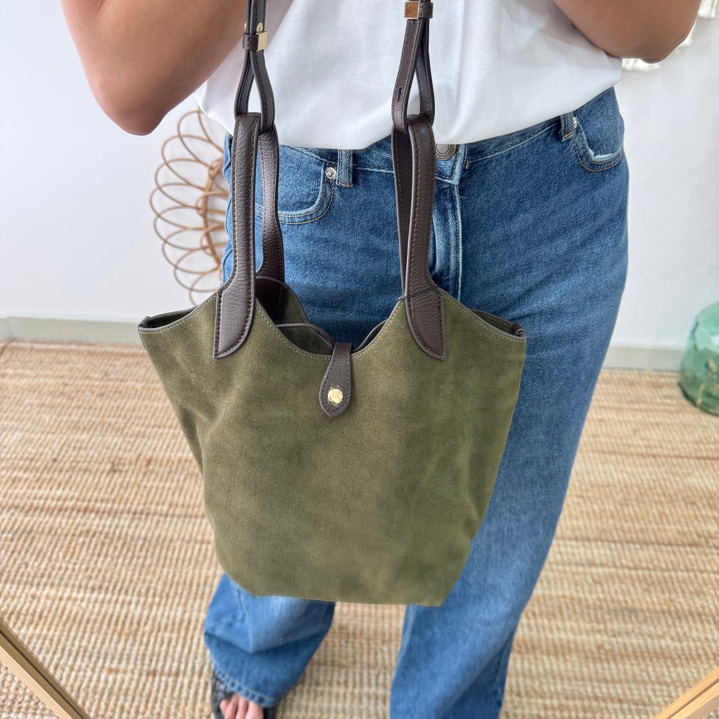 Bolso combinado serraje y piel caqui