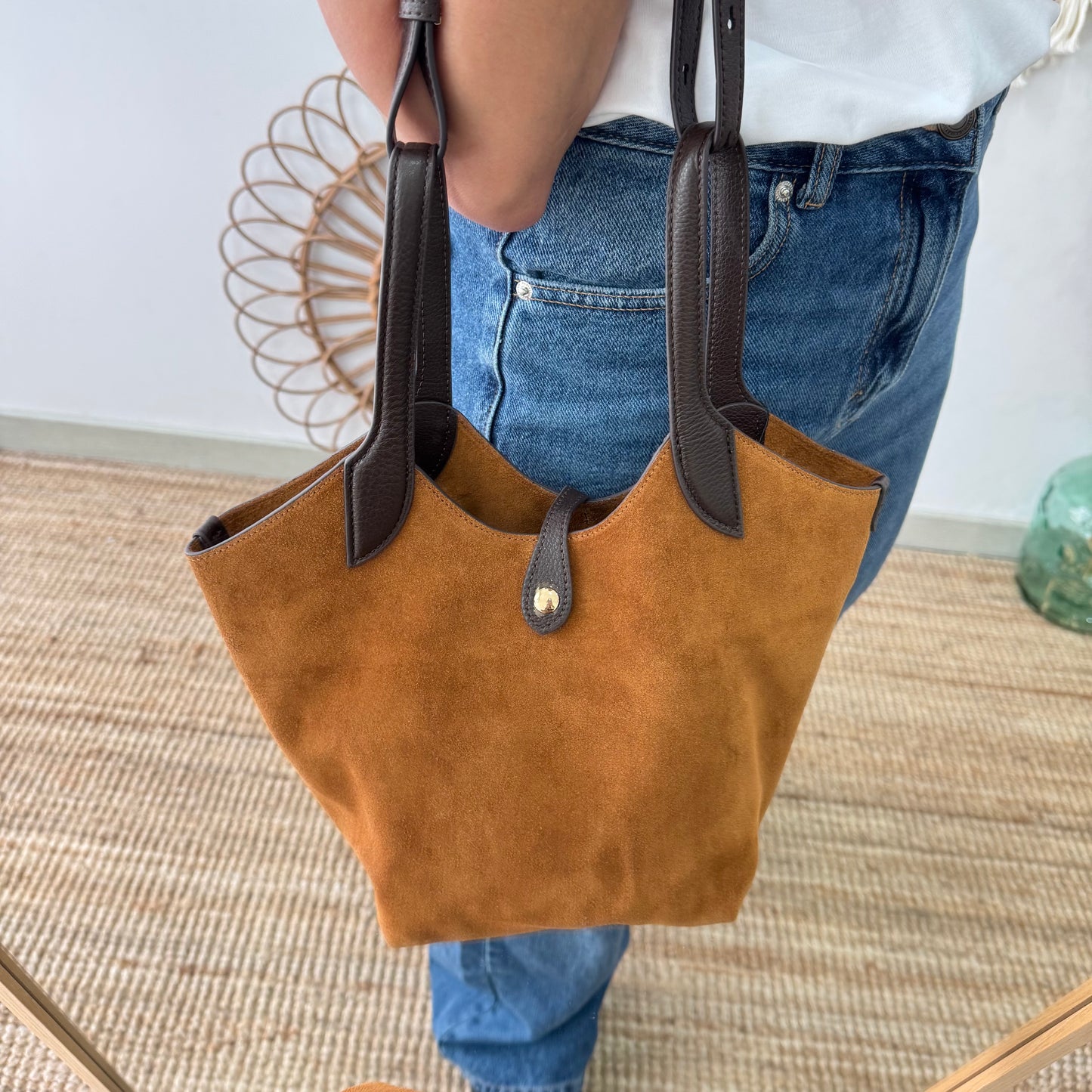 Bolso combinado serraje y piel camel