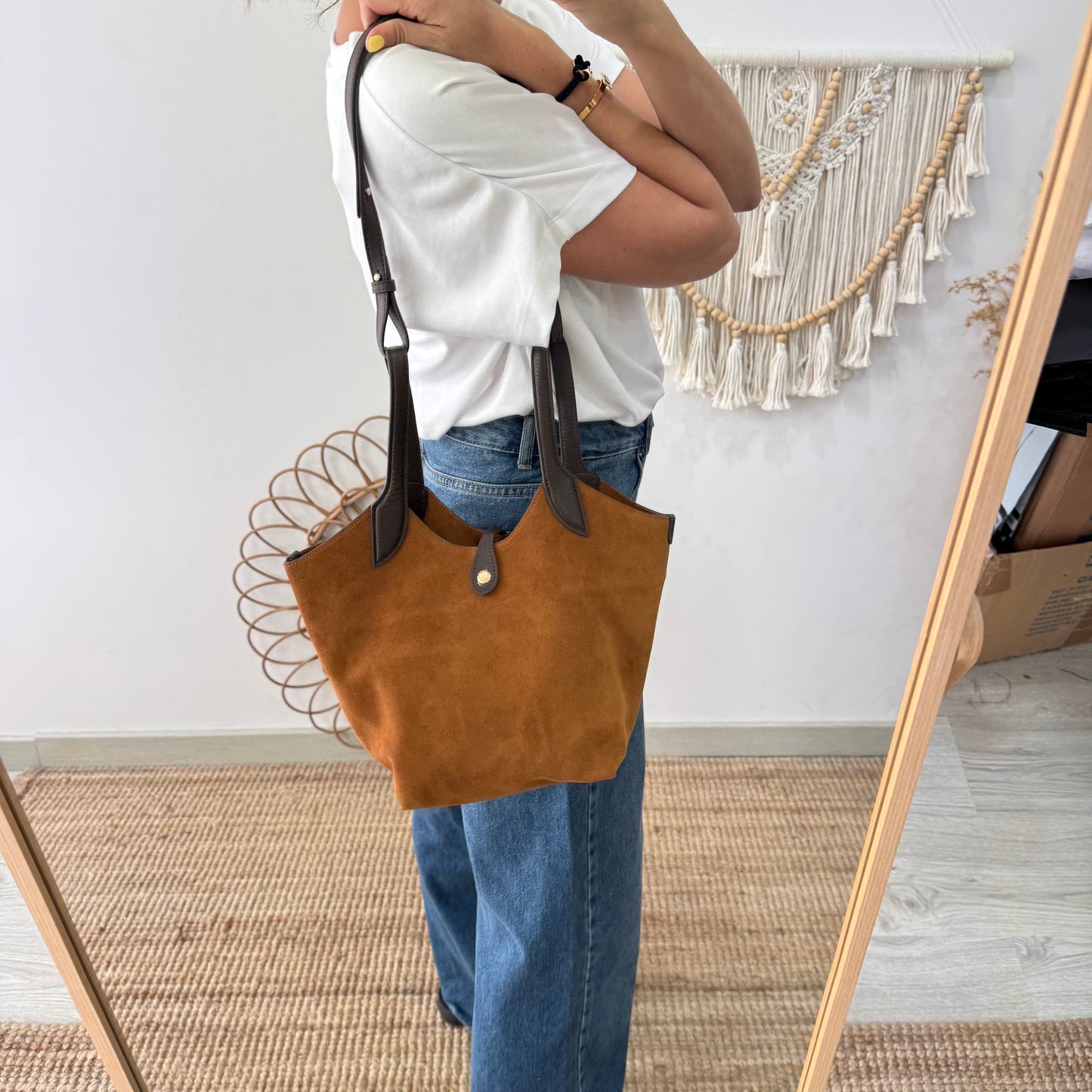 Bolso combinado serraje y piel camel