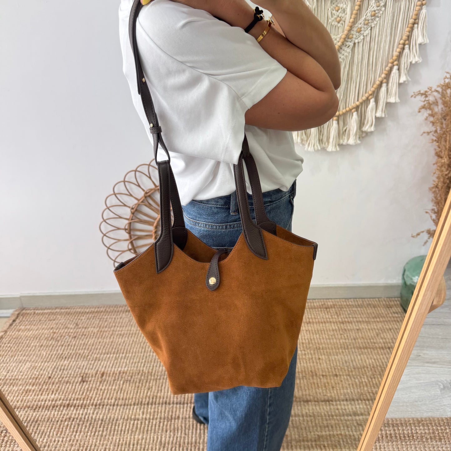 Bolso combinado serraje y piel camel
