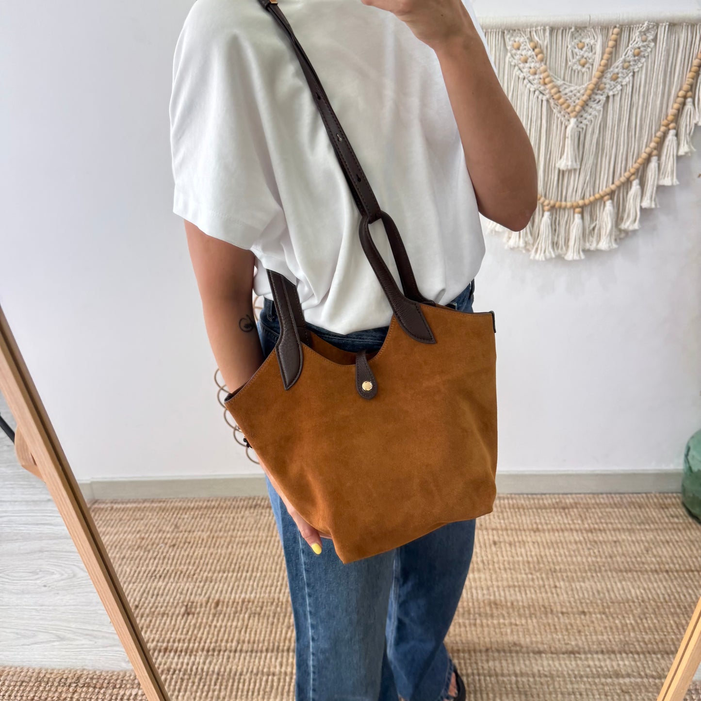 Bolso combinado serraje y piel camel