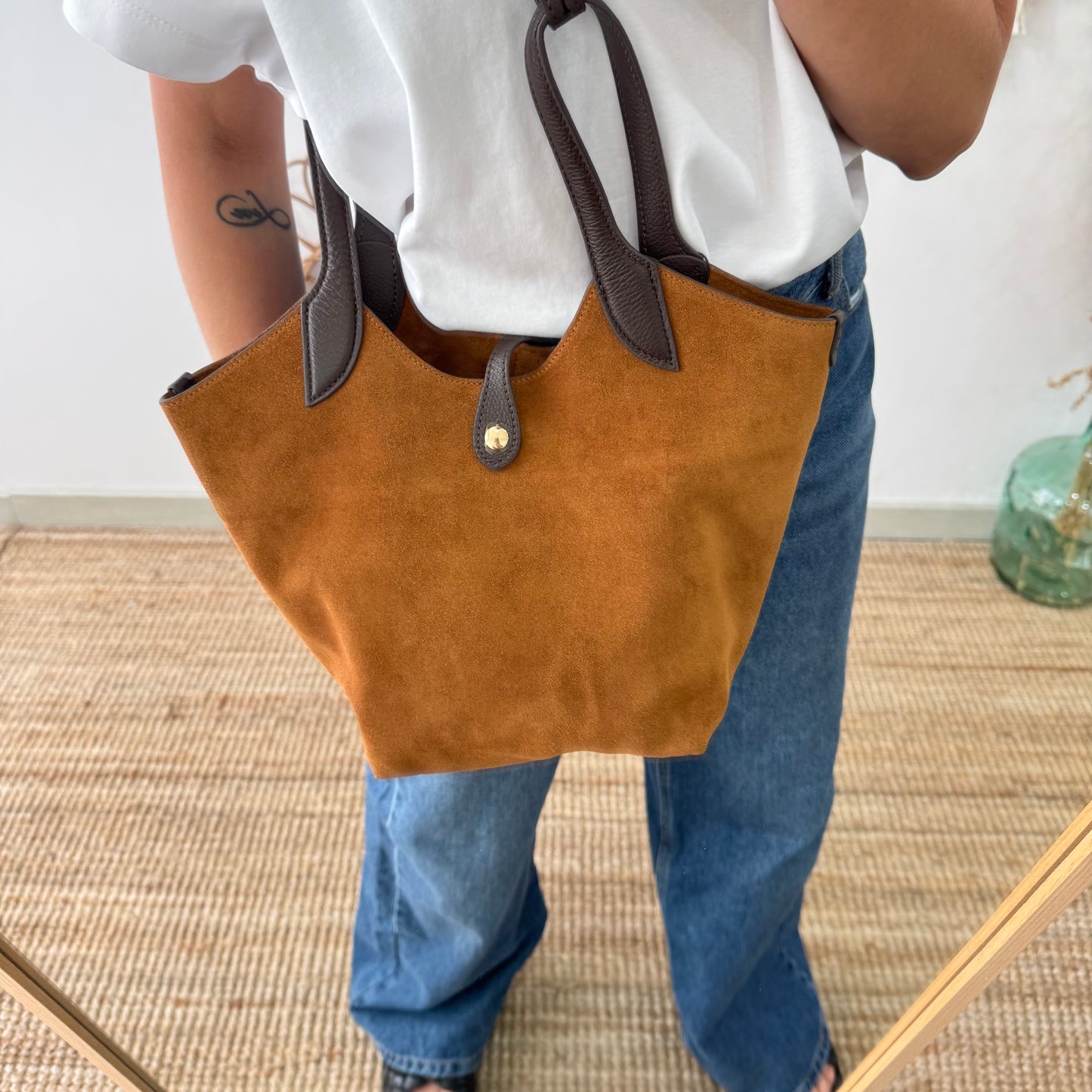 Bolso combinado serraje y piel camel