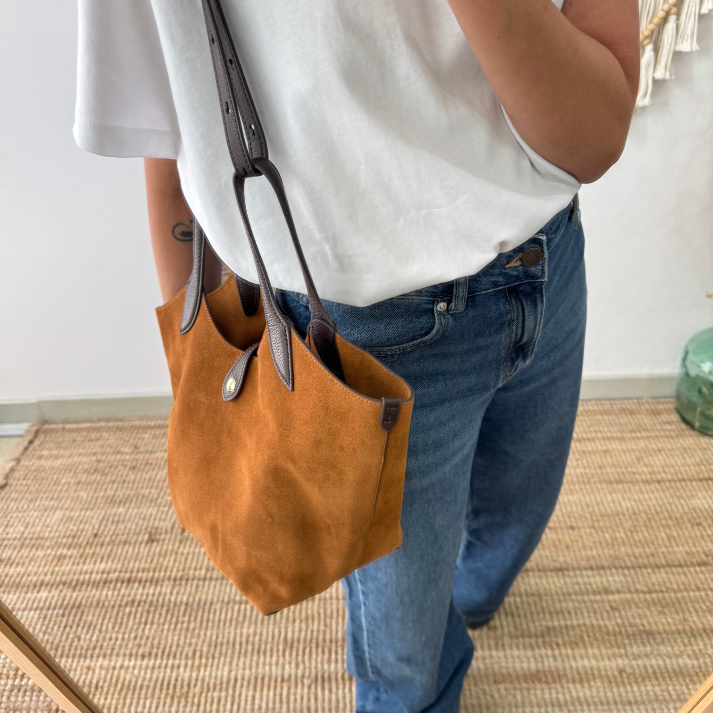 Bolso combinado serraje y piel camel