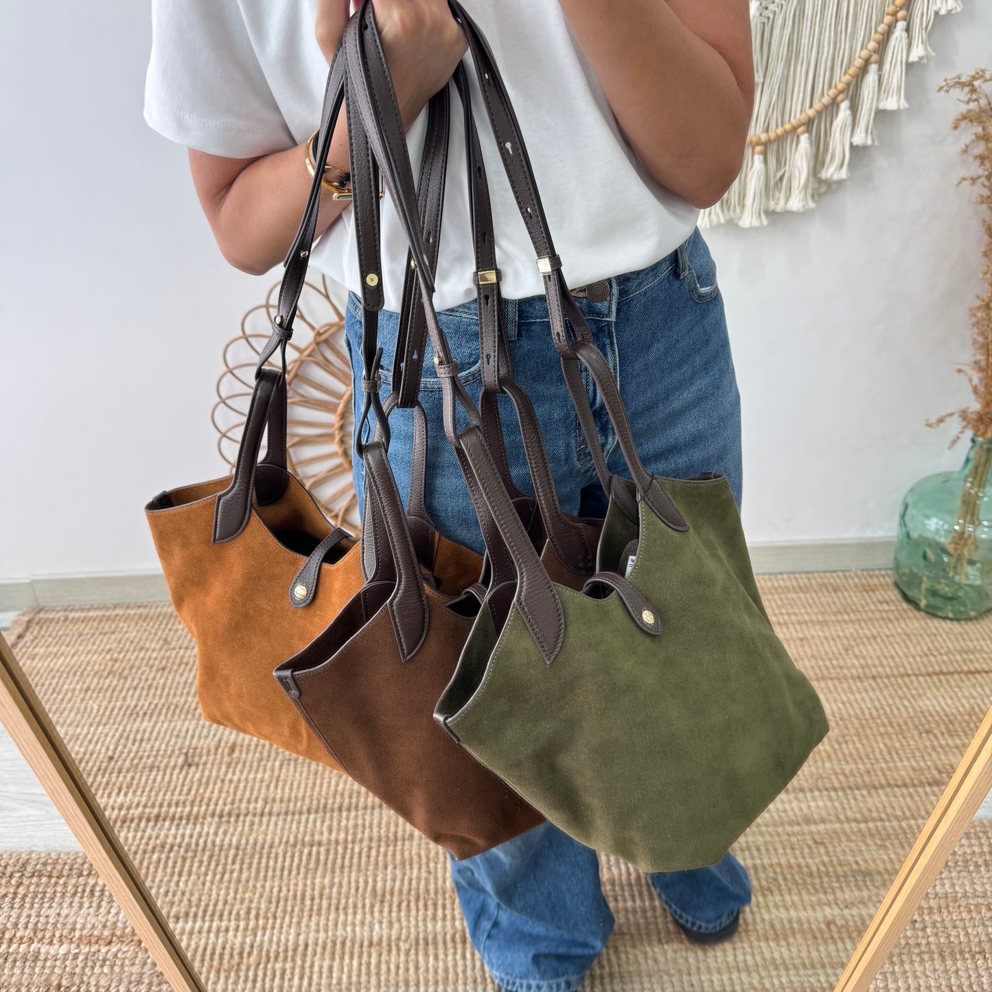 Bolso combinado serraje y piel camel