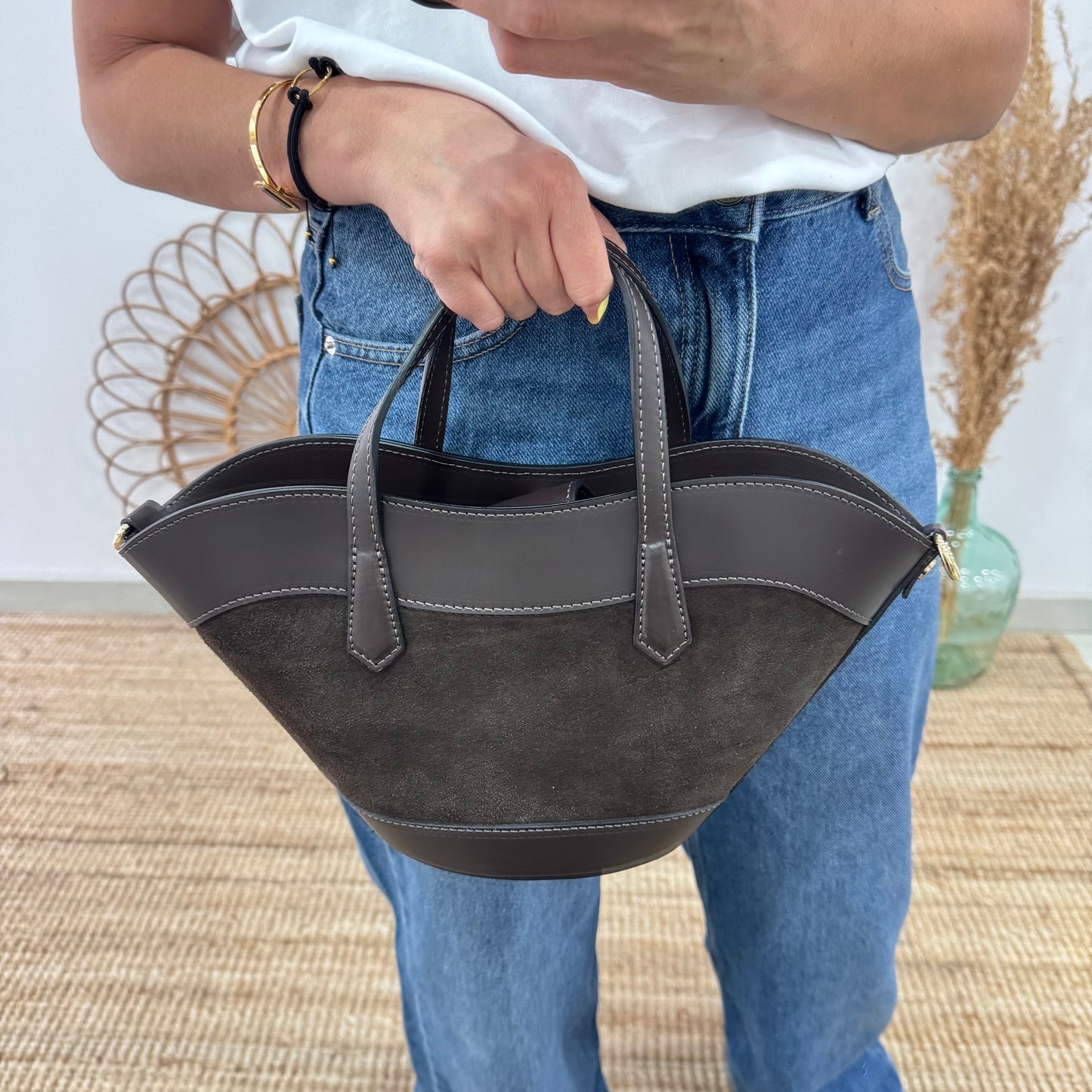 Mini Tote estructurado en piel y serraje marrón