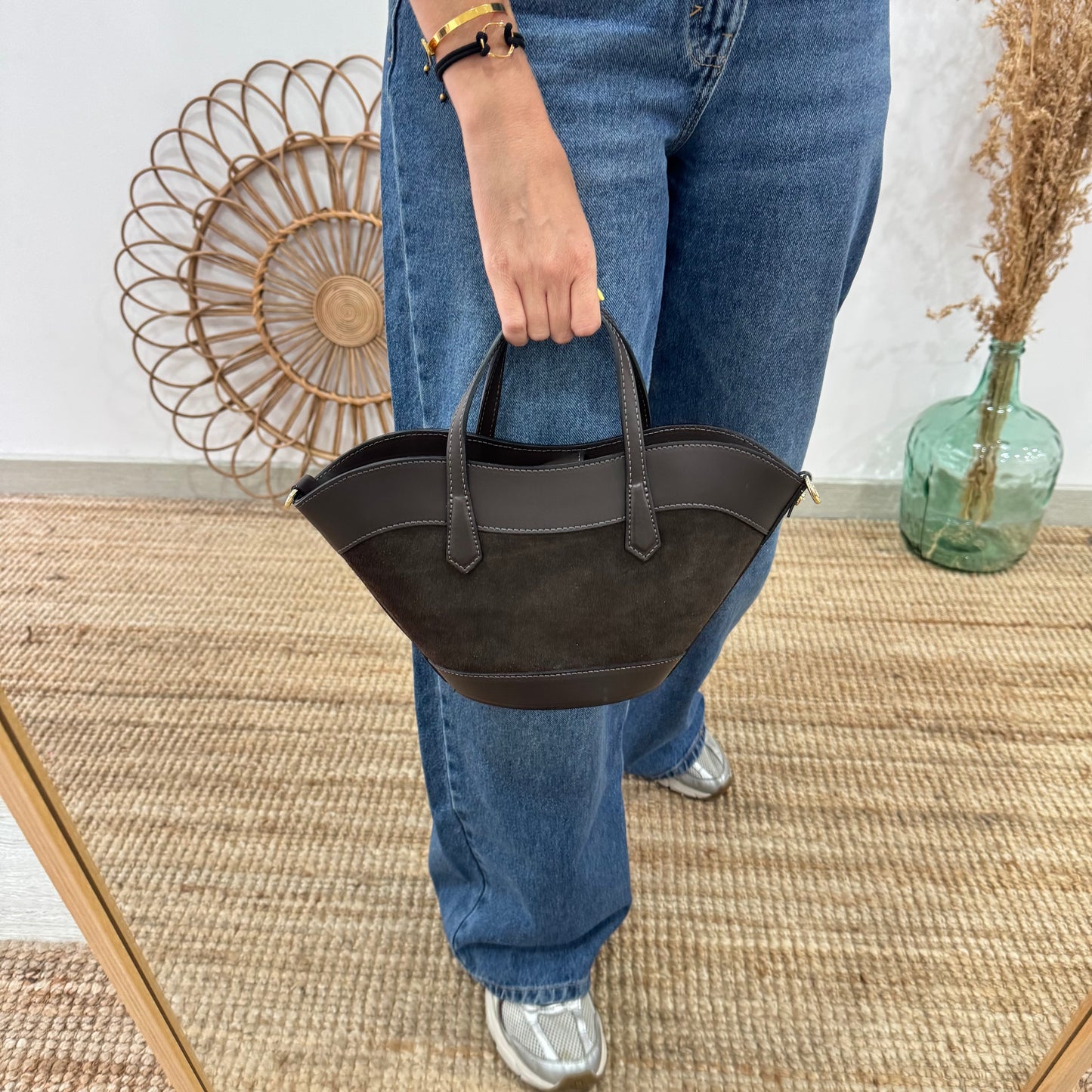 Mini Tote estructurado en piel y serraje marrón