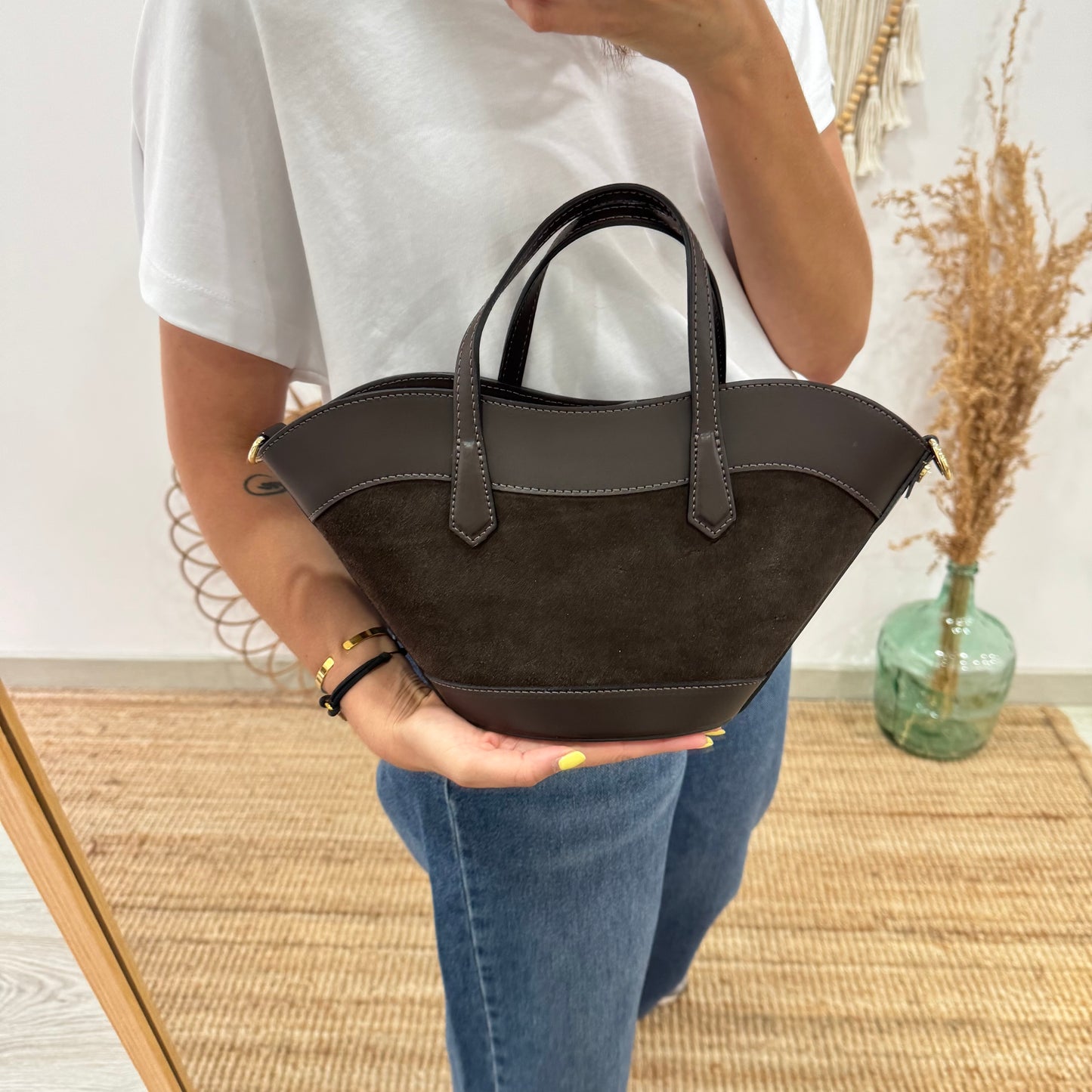 Mini Tote estructurado en piel y serraje marrón