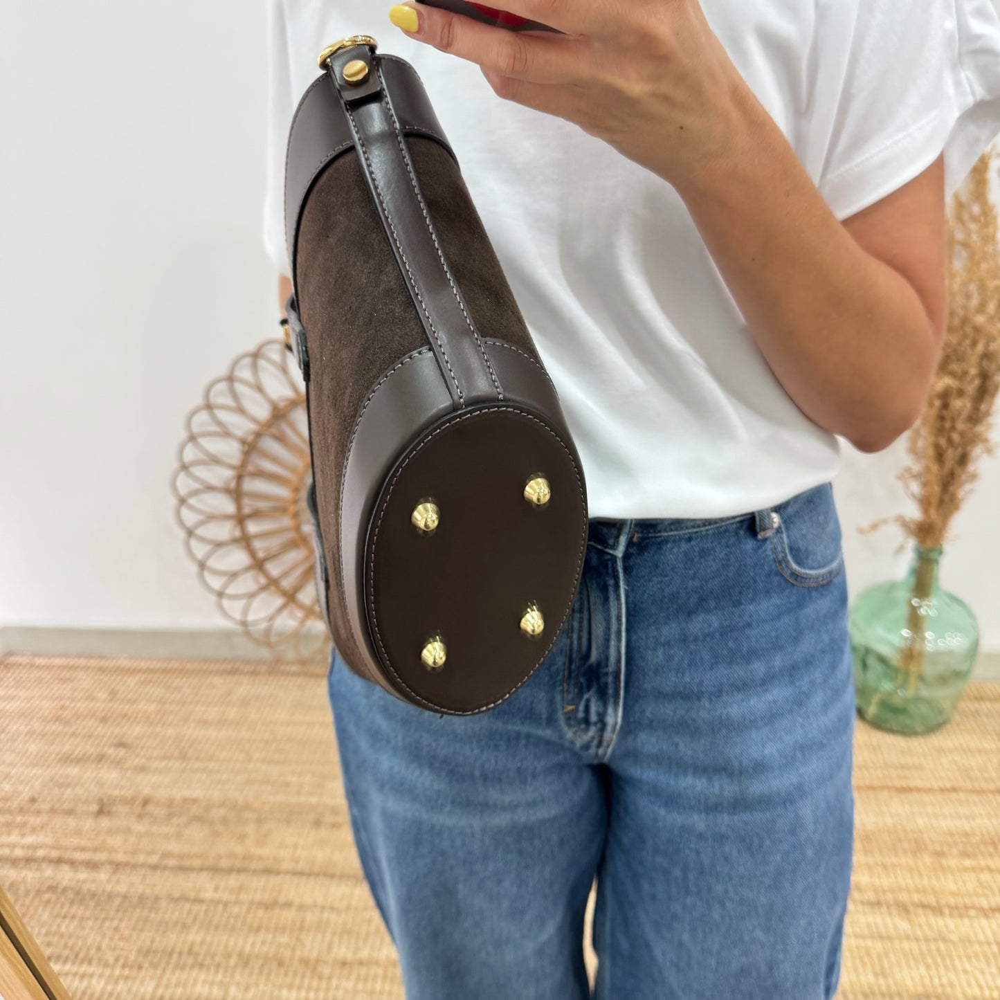Mini Tote estructurado en piel y serraje marrón