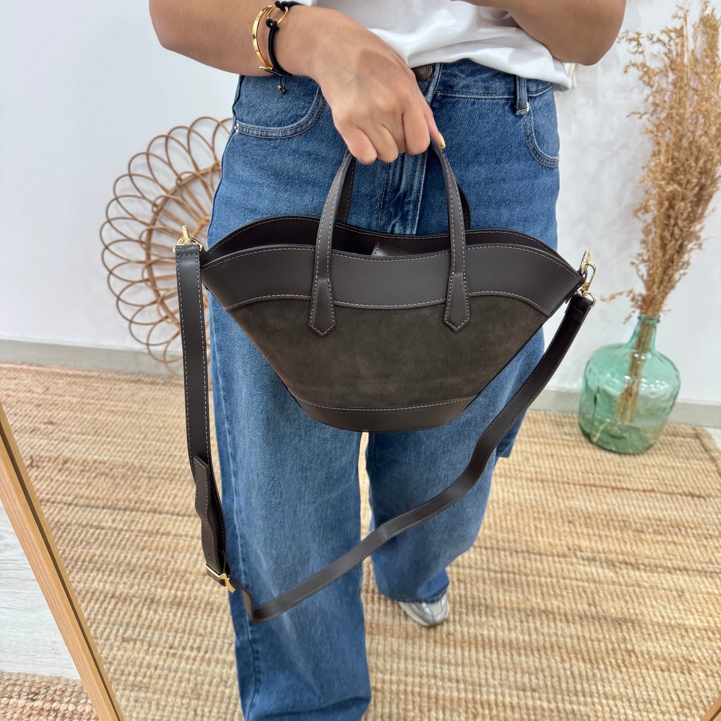 Mini Tote estructurado en piel y serraje marrón